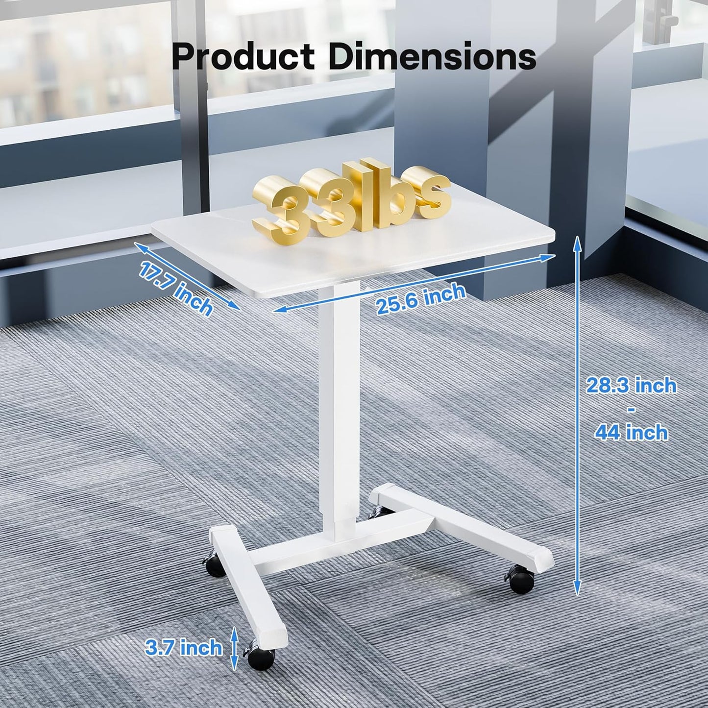 BONTEC Mobile Standing Desk Adjustable Height, Rolling Laptop Cart with Hook, Portable Workstation with Pneumatic Lift, Ergonomic Table with Wheels, Compact Home Office Desk, White 25.6" x 17.7"