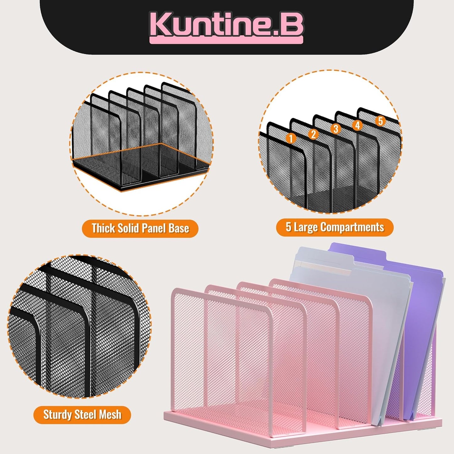 Kuntine.B Desk File Organizer Upright Mesh Desktop Organizer File Sorter Office Organization File Holder for Home, Office & Classroom (Pink, 1 Pack 5-Section)
