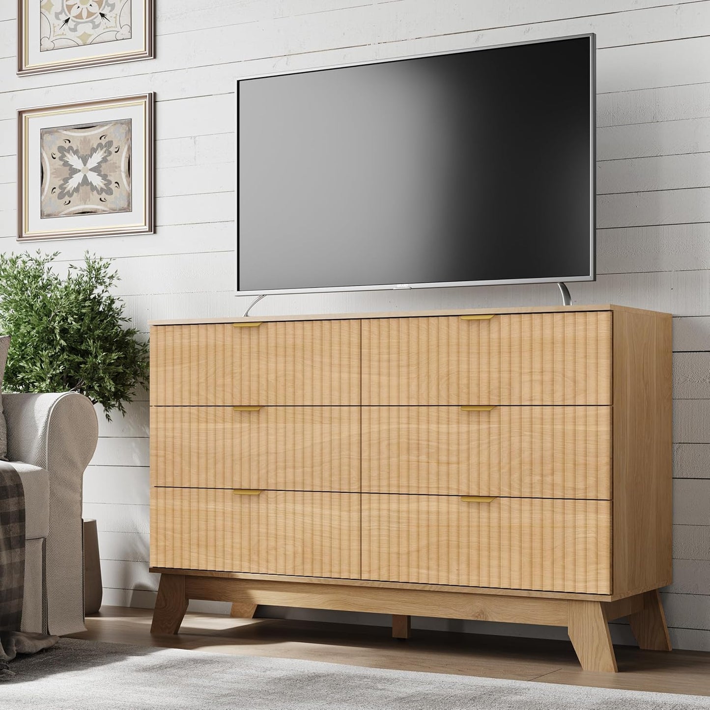 Fluted 6 Drawer Dresser, 47.2" Wide Modern Boho Chest of Drawers, Wooden Storage Dresser TV Stand for Bedroom, Living Room, Closet, Hallway, Curved Profile Design