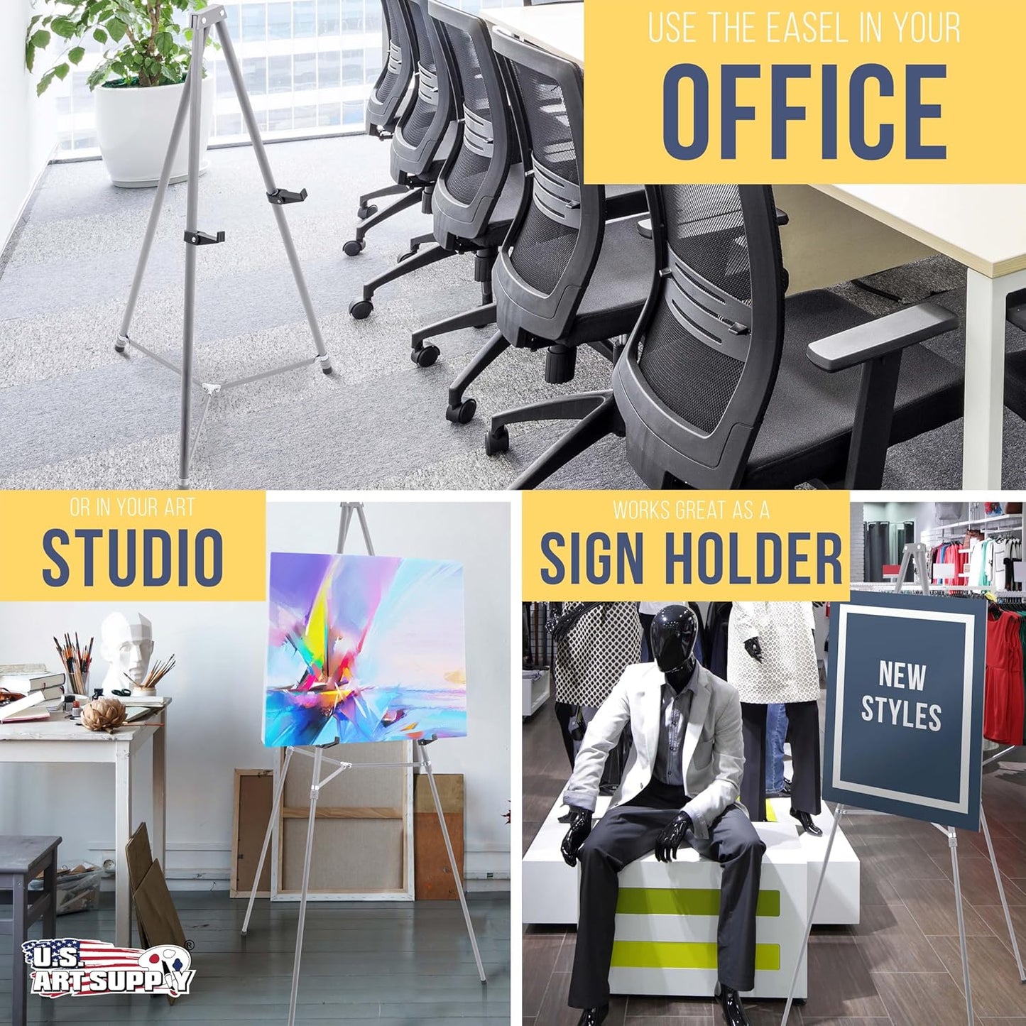 U.S. Art Supply 66" High Gallery Silver Metal Display Easel - Large Adjustable Height Portable Easel Stand, Sign Display, Holds 25 lbs - Floor & Tabletop Easels, Painting Stand