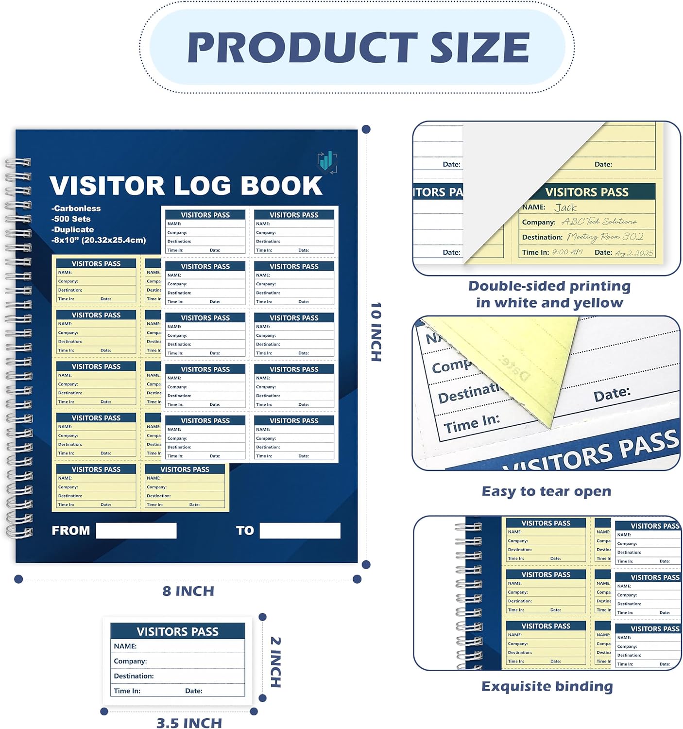 3 Pack of 1500 Visitor Badges Registry Log with Carbonless Copy 2-Part Letter Size Visitor Log Book Spiral-Bound Self Visitor Badges Guest Register Book for Business or School (3)