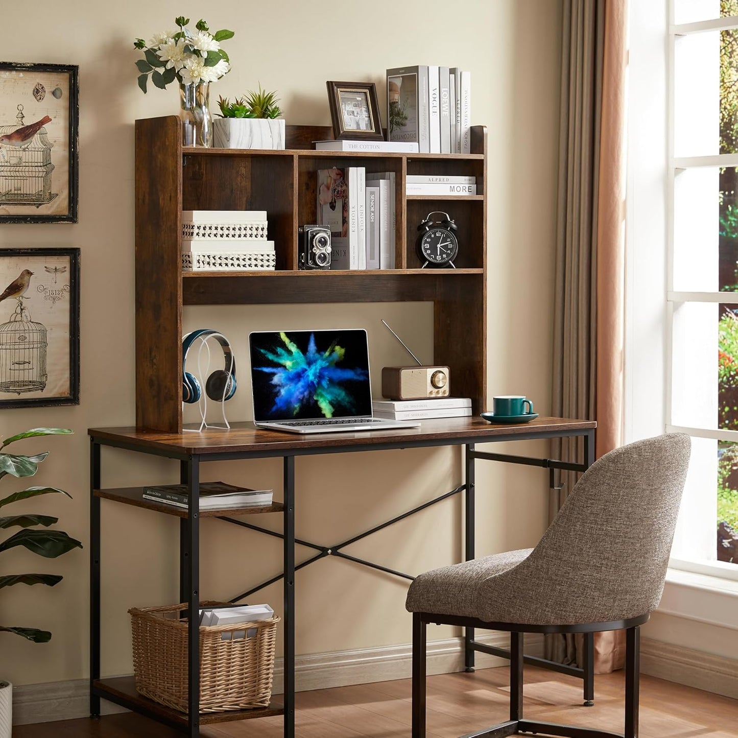 Desktop Bookshelf, Wooden Desk Storage Hutch with 6 Shelves for Computer Desk, 3-Tier Desktop Display Organizer Rack for Office Home (Brown)