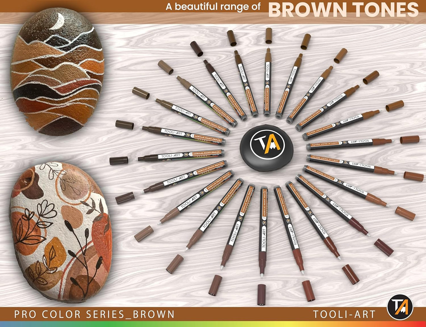 Acrylic Paint Pens 22 Brown Tones Assorted Pro Color Series Markers Set 0.7mm Extra Fine Tip for Rock Painting, Glass, Mugs, Wood, Metal, Canvas, Projects, Non Toxic, Waterbased, Quick Drying