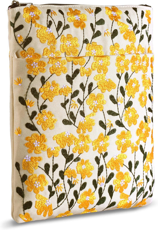 LParkin Embroidered Daisy Flower Book Sleeve with Zipper - Washable Fabric Book Cover Protector for Paperbacks & Hardcover, Gift for Book Lovers (Yellow, 11x8.5 Inch)
