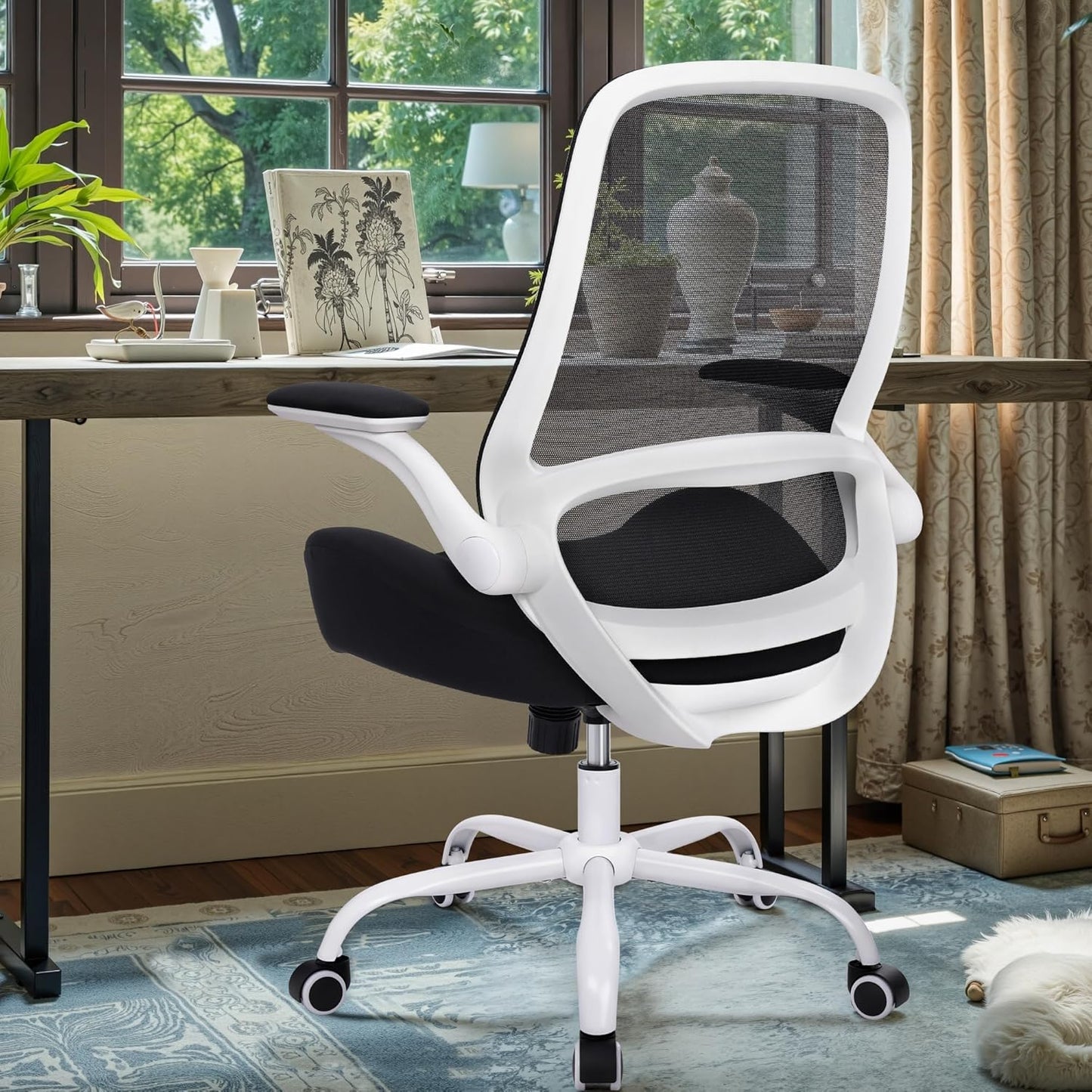 HYLONE Heavy Duty Office Chair, 5" Thickened Seat Ergonomic Desk Chair with Adjustable Armrests, Home Office Computer Chairs for Long Hours Mesh Executive Chair(White Base & Black)