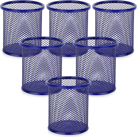 Segarty Pen Cup, 6 Pack Round Cute Dark Blue Pen Holder for Desk, Wire Mesh Pencil Holder Container Set, Desktop Organizer for Office Supplies, Maker, School, Home Storage, Makeup Brush