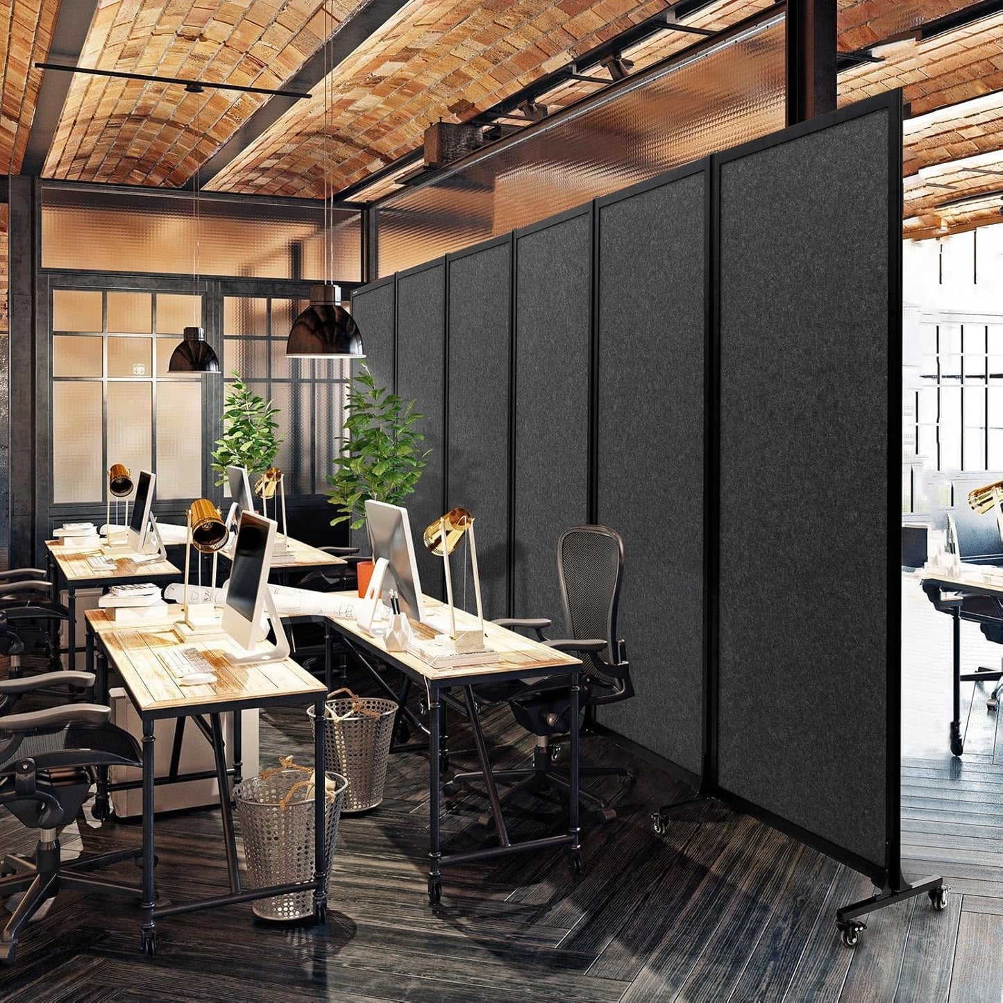 Upgrade Version Room Partition and Divider, Freestanding Rolling Dividers with Wheels,Office Privacy Screen Divider Wall,Classroom Felt Dividers,12'2"L* 6'7"H,6 Panel，Dark Grey