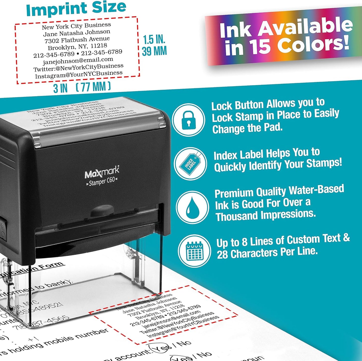 MaxMark Customized Self Inking Stamp - Up to 8 Lines of Text - XX-Large Size - Choose from 15 Ink Colors