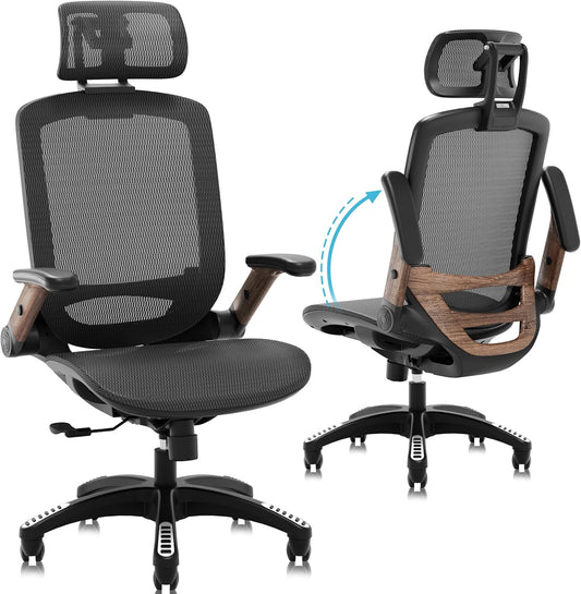 GABRYLLY Ergonomic Office Chair, High Back Home Desk Chair with Headrest, Flip-Up Arms, 90-120° Tilt Lock and Wide Cushion, Big and Tall Mesh Chairs for Man Woman, Black Task Chair(Dark Woodgrain)