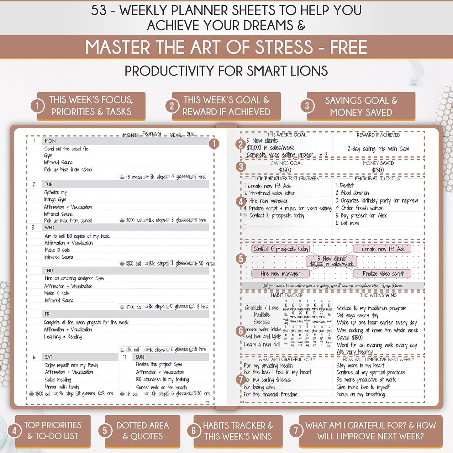 Life Planner - Undated Daily, Weekly & Monthly Planner with Budget Section | A 12 Month Journey to Increase Productivity & Happiness | Life Organizer & Gratitude Journal - Horizontal Format