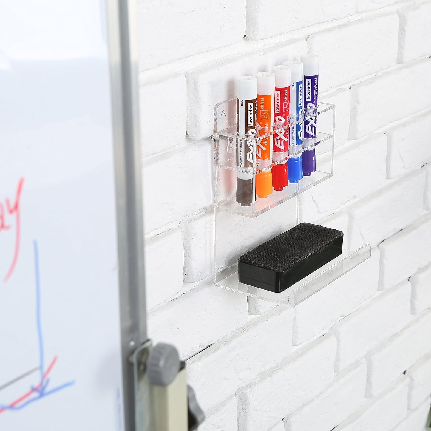 MyGift Wall Mounted Clear Acrylic Dry Erase Marker Holder Organizer for 5 Markers and Eraser, Hanging Whiteboard Accessories Rack for Office Home Dorm Classroom Meeting Room