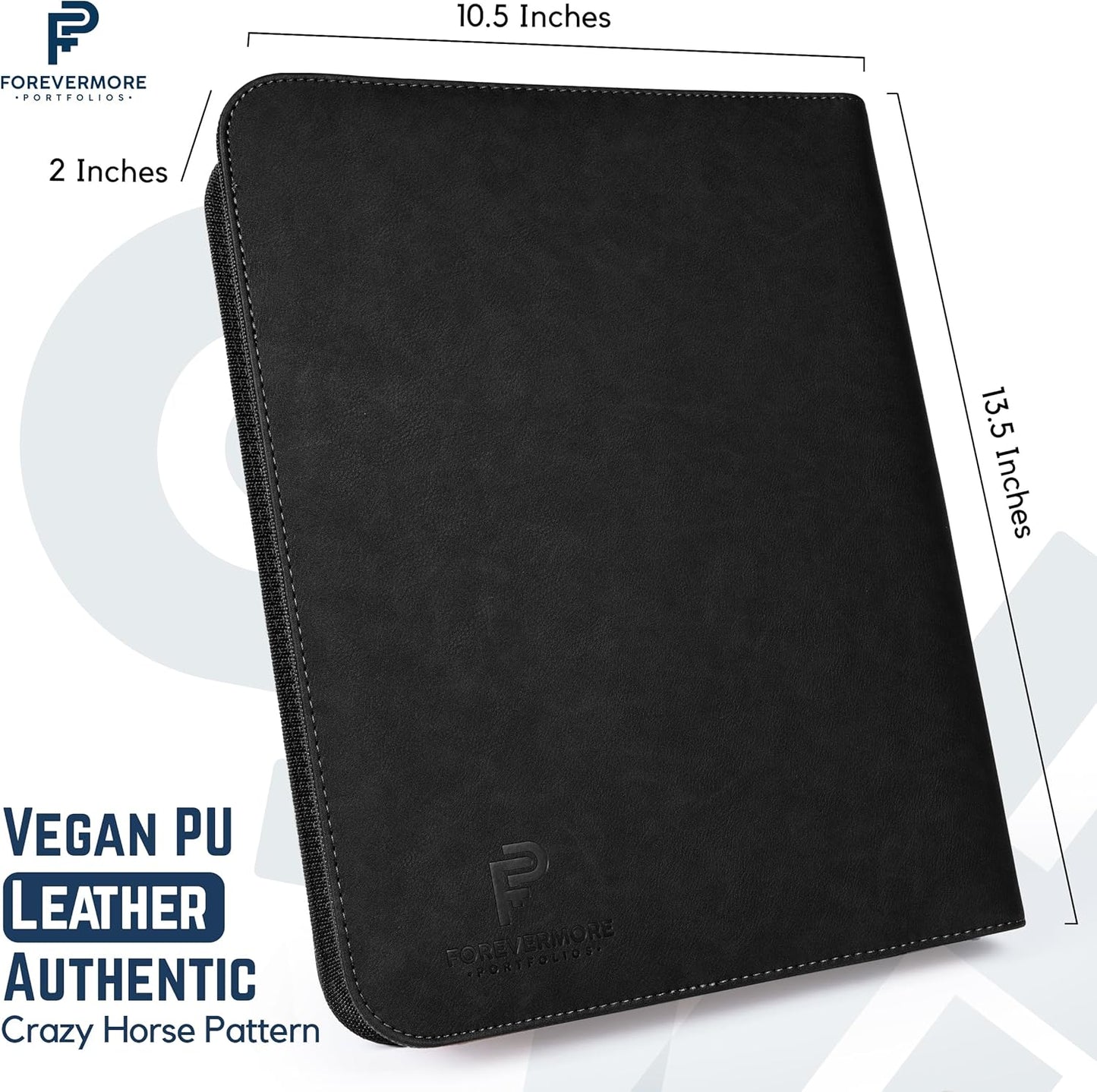 Padfolio Binder - Professional Faux Leather Travel Organizer Pouch for Tablet, Documents, Presentation Folders, Zipper Closure, Removable 3-Ring Notepad - Black