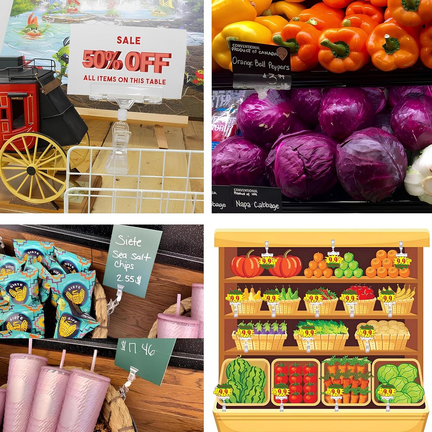 Mlici 16 Pieces Clear Sign Clips, Plastic Merchandise Rotatable Pop Clip Sign Holder Stand, Swivel Clips Clothing Rack Signs, Double Display Clips for Retail, Baskets, Cards