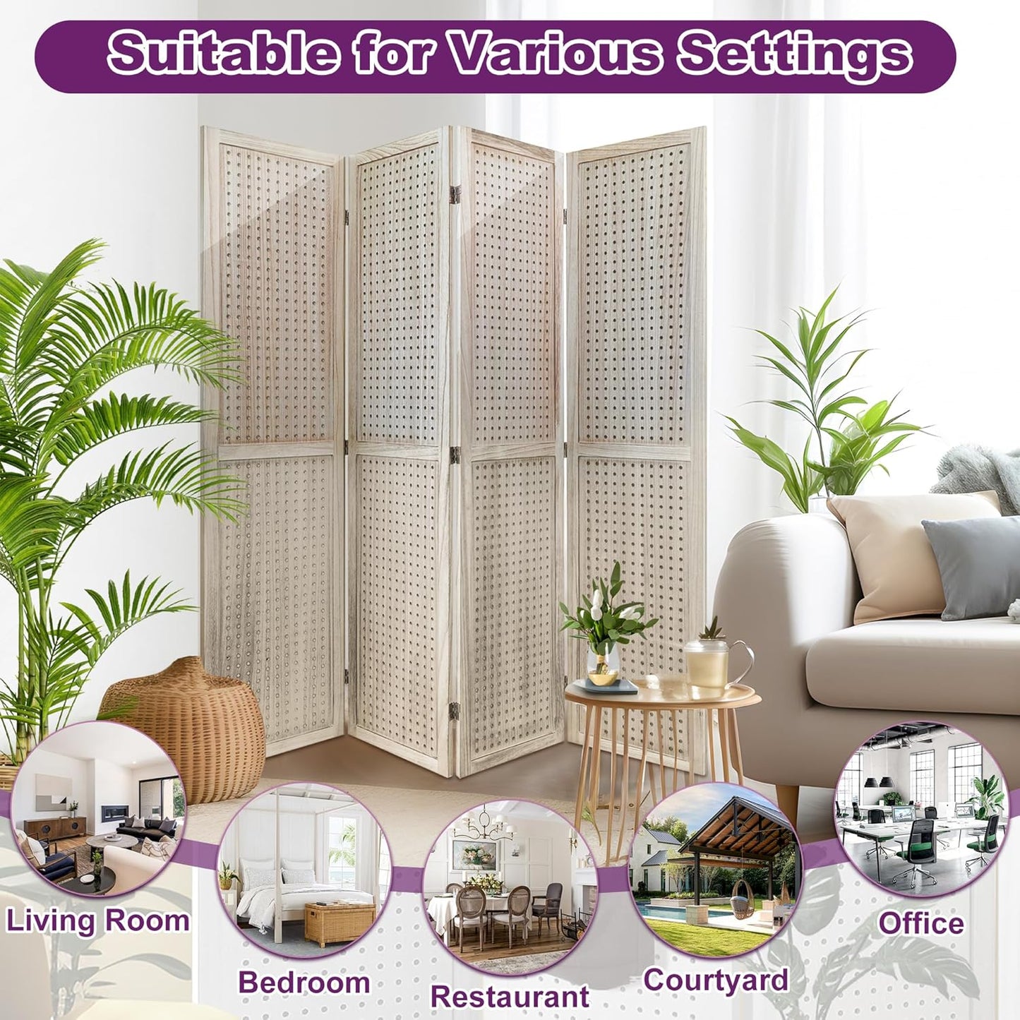 Room Divider, 5.6FT Folding Room Divider Panel, 4 Panel Pegboard Display Wood Partition Wall Divider for Room Separation& Craft Shows, Natural Wood