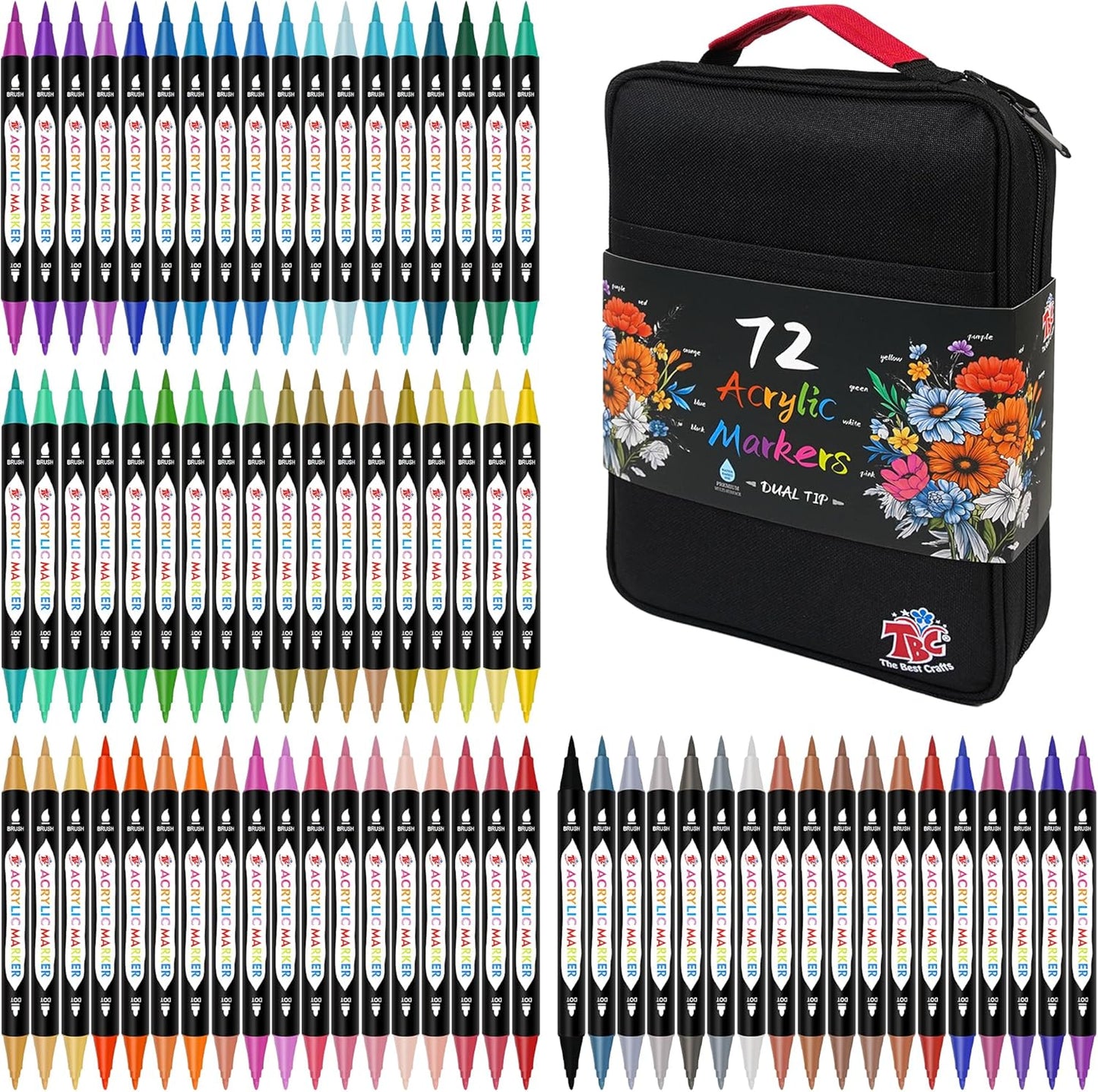 TBC The Best Crafts 72 Colors Dual Tip Acrylic Paint Markers, Double zipper design Topgrade Canvas bag,Waterproof, Non-Toxic, odorless, Suitable for Paper,Pottery, Stones, Glass,outdoor painting