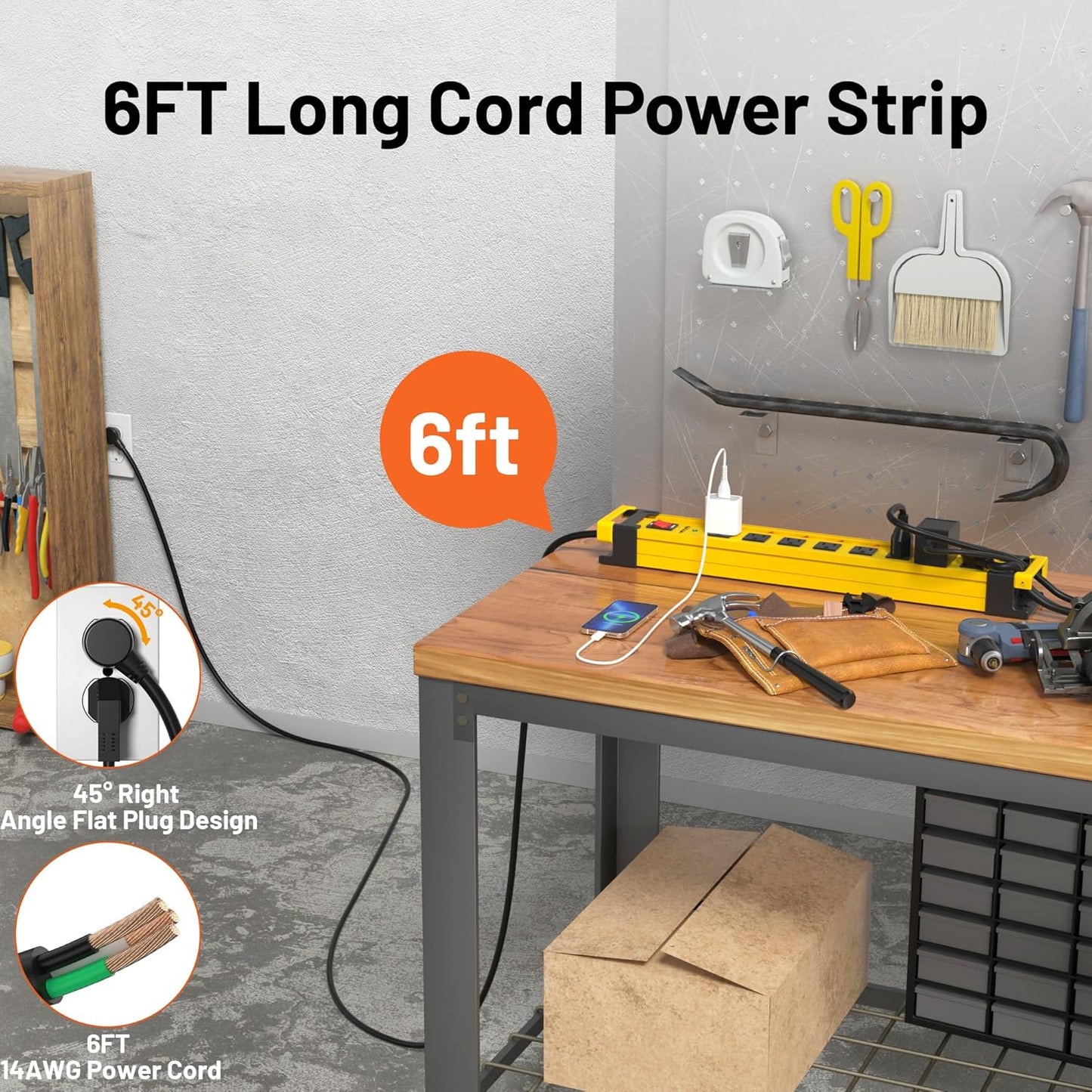Plug'n 8 Outlet Long Power Strip,2700J Surge Protector with Individual Switches,Wide Spaced,Heavy Duty Power Strip with 6FT/14AWG/15A Power Cord and Flat Plug for Workshop,Garage,Industrial,Home