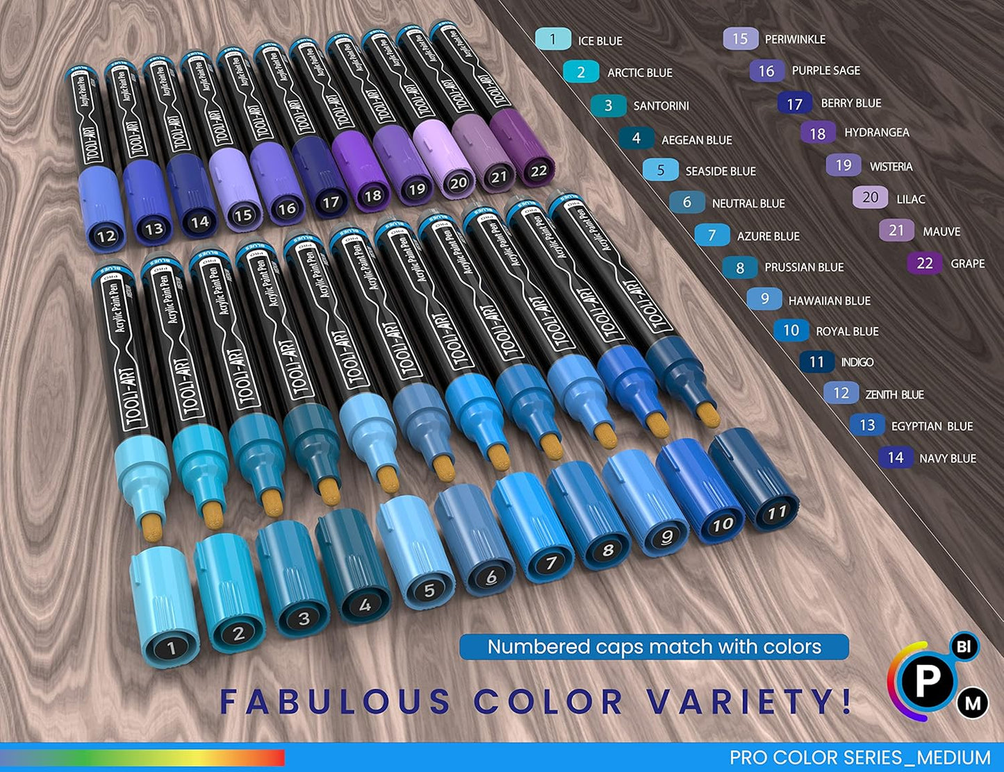 TOOLI-ART 22 Acrylic Paint Markers Paint Pens Pro Color Series Set 3mm Medium Tip for Rock Painting, Glass, Mugs, Wood, Metal, Glass Paint, Canvas, DIY. Non Toxic, Waterbased, Quick Drying (BLUES)