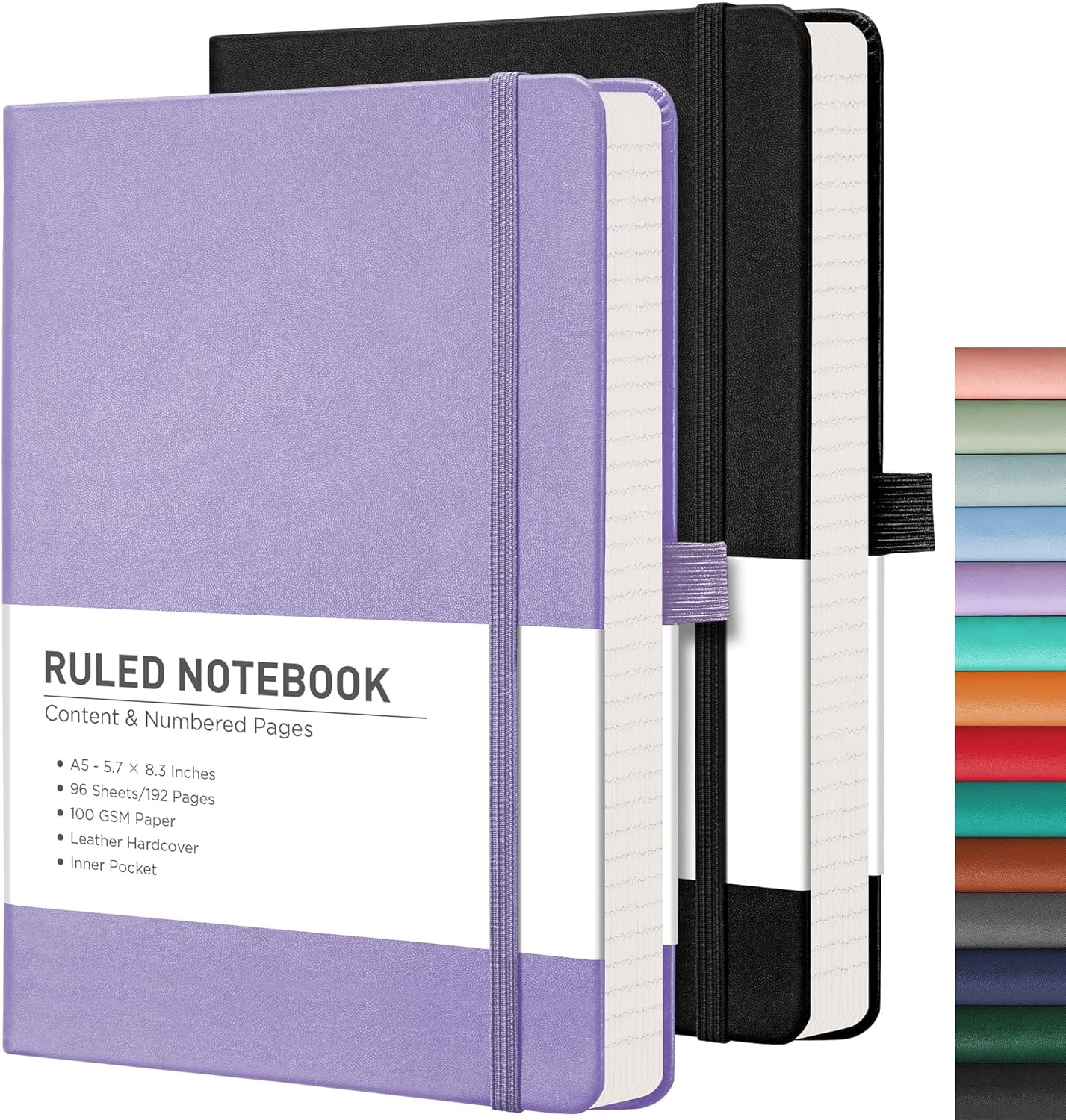 RETTACY Lined Journal Notebook, 2-Pack, 192 Numbered Pages per Pack, A5 Medium Size (5.7'' x 8.3''), for Men & Women, Writing, Work, Leather Hardcover, 100 GSM Thick Paper (Black & Purple)