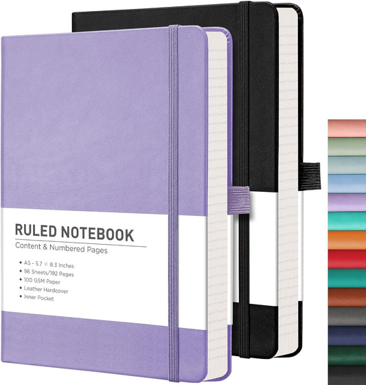RETTACY Lined Journal Notebook, 2-Pack, 192 Numbered Pages per Pack, A5 Medium Size (5.7'' x 8.3''), for Men & Women, Writing, Work, Leather Hardcover, 100 GSM Thick Paper (Black & Purple)