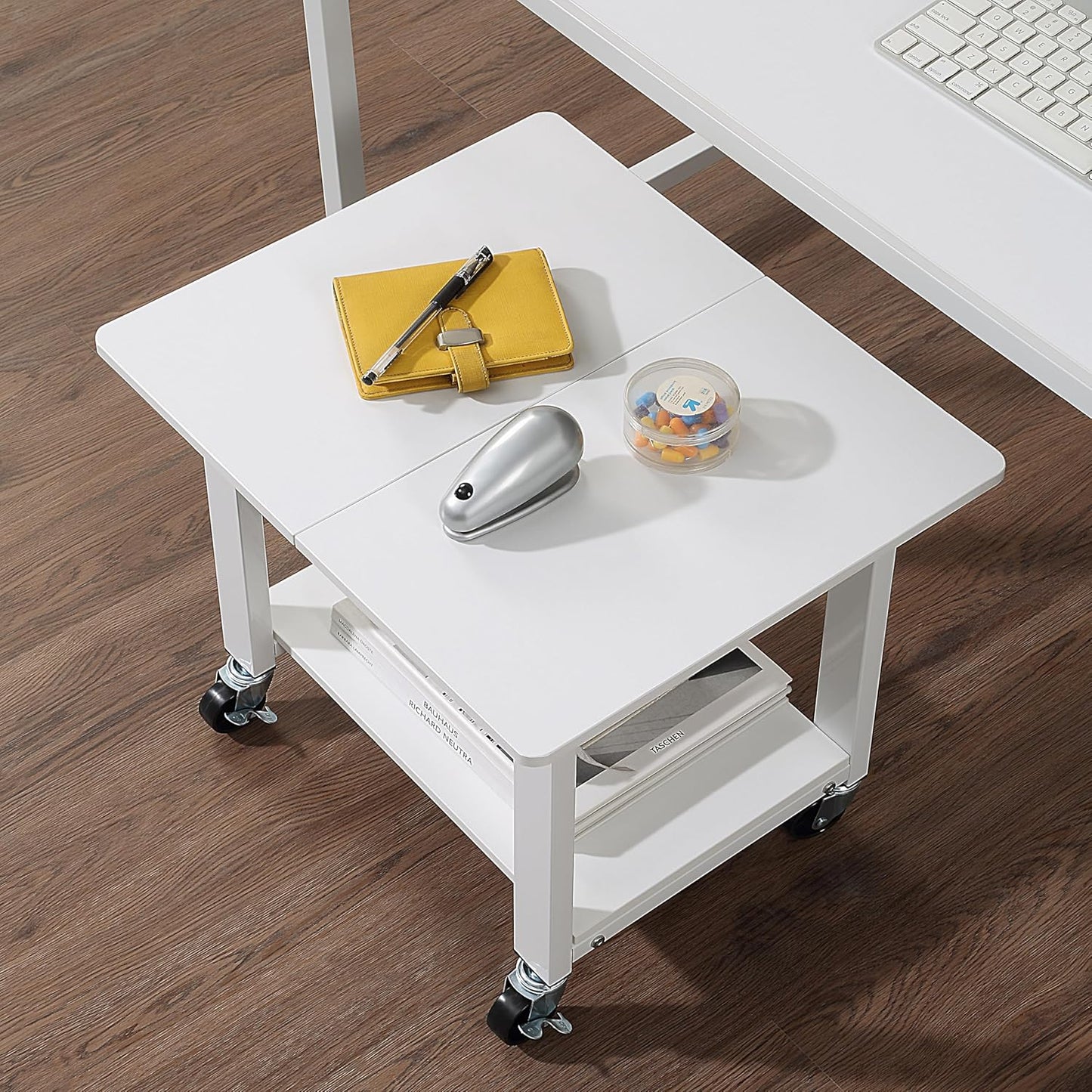 SunnyPoint 2-Tier Under Desk Printer Stand with Storage Shelf and Steel Frame, Industrial Mobile Printer Cart Holder with Lockable Wheels for Home and Office (WHT)