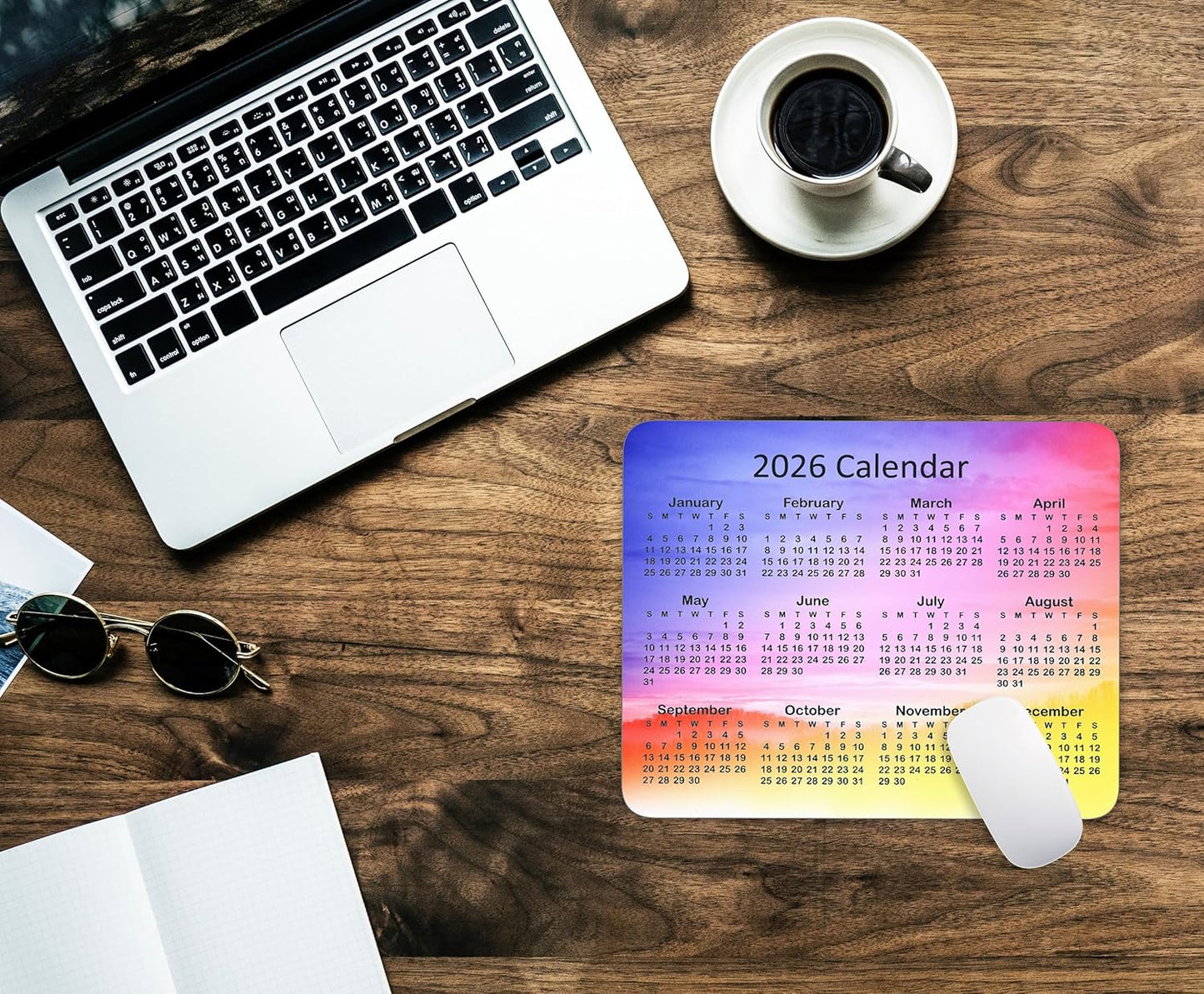 Calendar Mouse Pad, 2026 Watercolor Calendar Gaming Mouse Mat with Custom Design, Non-Slip Rubber Base MousePads for Office Home Laptop Travel, 9.5"x7.9"x0.12" Inch