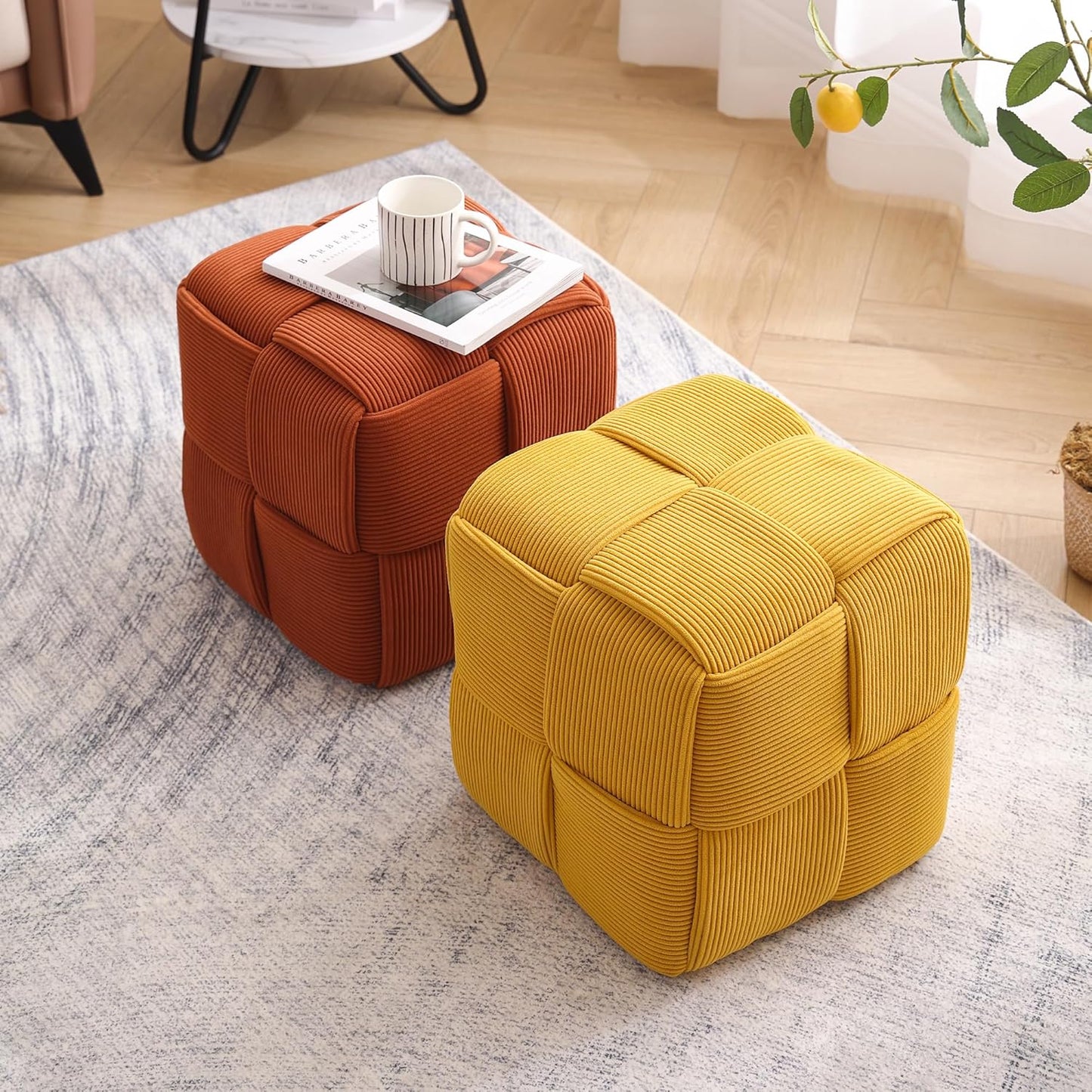 Ottoman Foot Rest Soft and Comfortable Ottoman Square Corduroy Woven Design Sofa Stool (Orange)