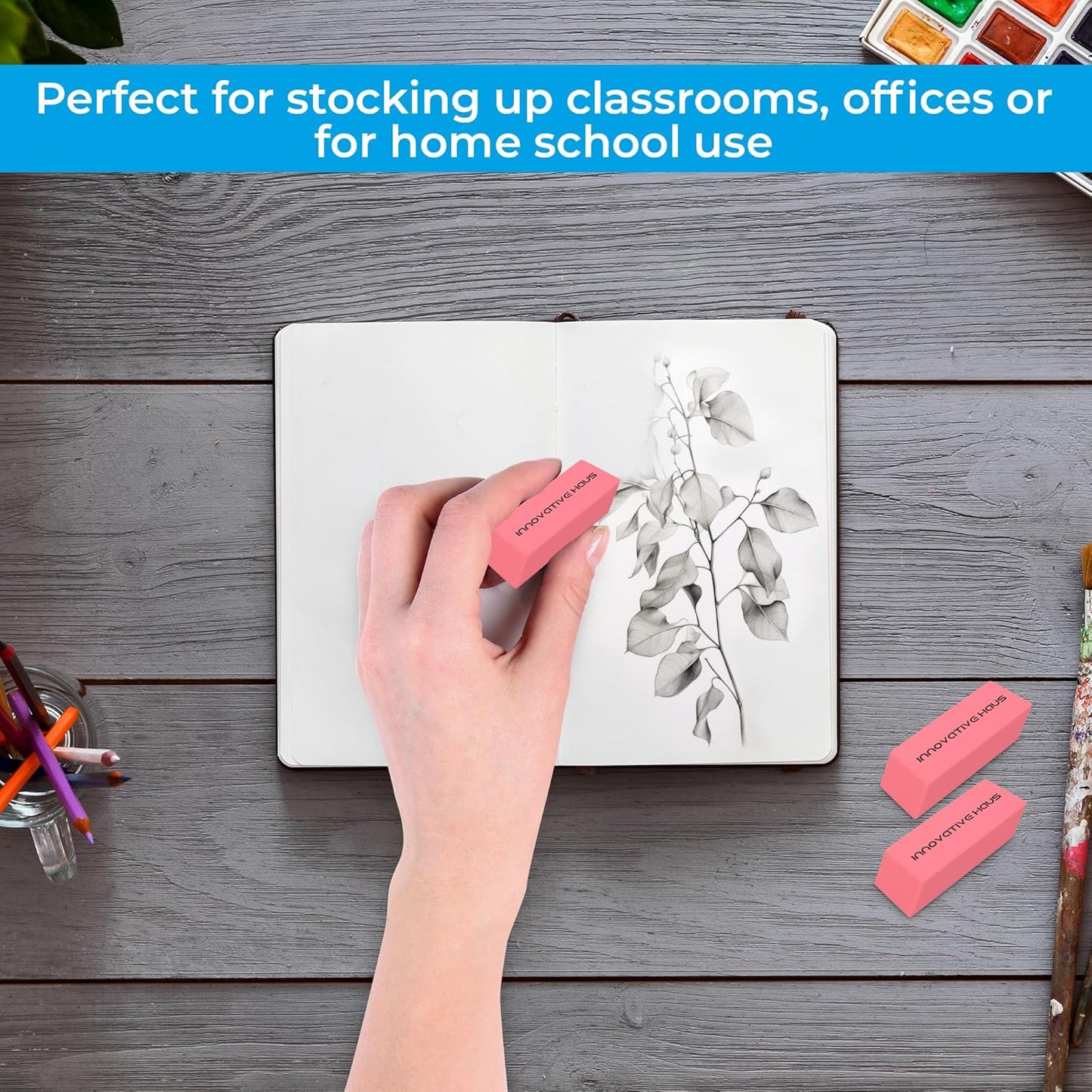 Innovative Haus Pink Erasers Bulk - Latex Free, Smudge Resistant Large Eraser. Big Size School Erasers for Kids in Bulk. Ideal for Students and Classrooms. Pack of 100