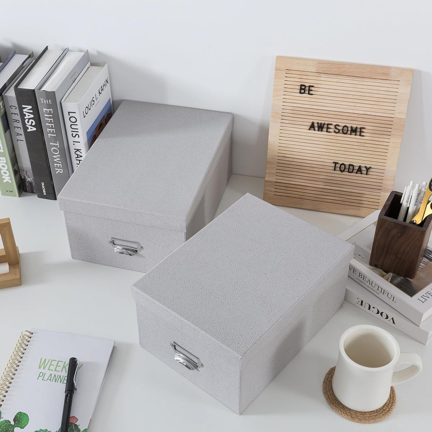 Soul & Lane Decorative Cardboard Storage Boxes with Lids, Set of 2 Stacking Keepsake Photo and Memory Boxes for Home & Office, Paperboard Organizers with Label Holders and Drawer Pulls, Cloud Gray