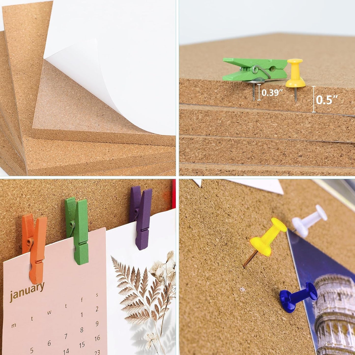 AKTOP Cork Board Bulletin Board 17"x8", 1/2" Thick Cork Board Tiles 10 Pack, Small Pin Board for Wall Decor, Self Adhesive Corkboards with 120 Push Pin Wood Clips for School, Home & Office