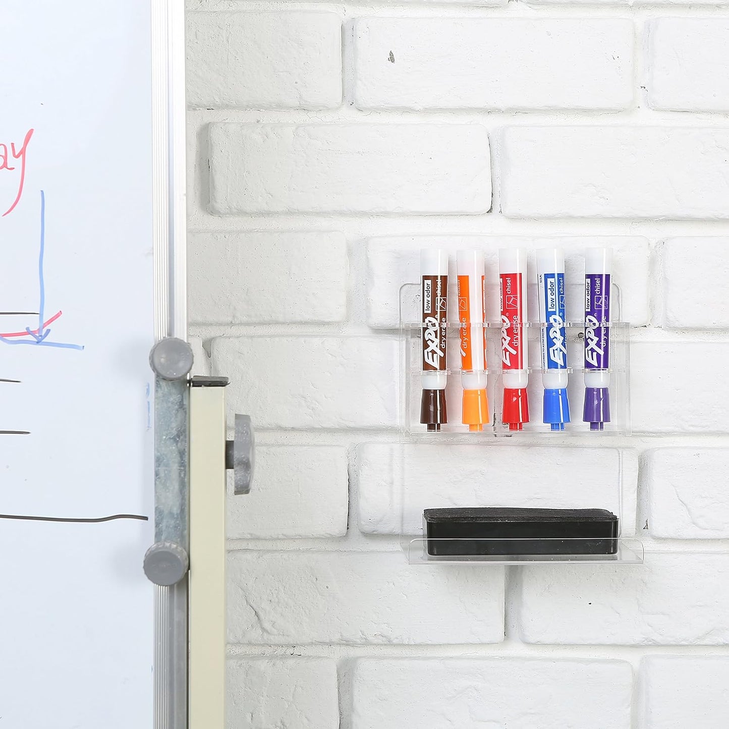 MyGift Wall Mounted Clear Acrylic Dry Erase Marker Holder Organizer for 5 Markers and Eraser, Hanging Whiteboard Accessories Rack for Office Home Dorm Classroom Meeting Room