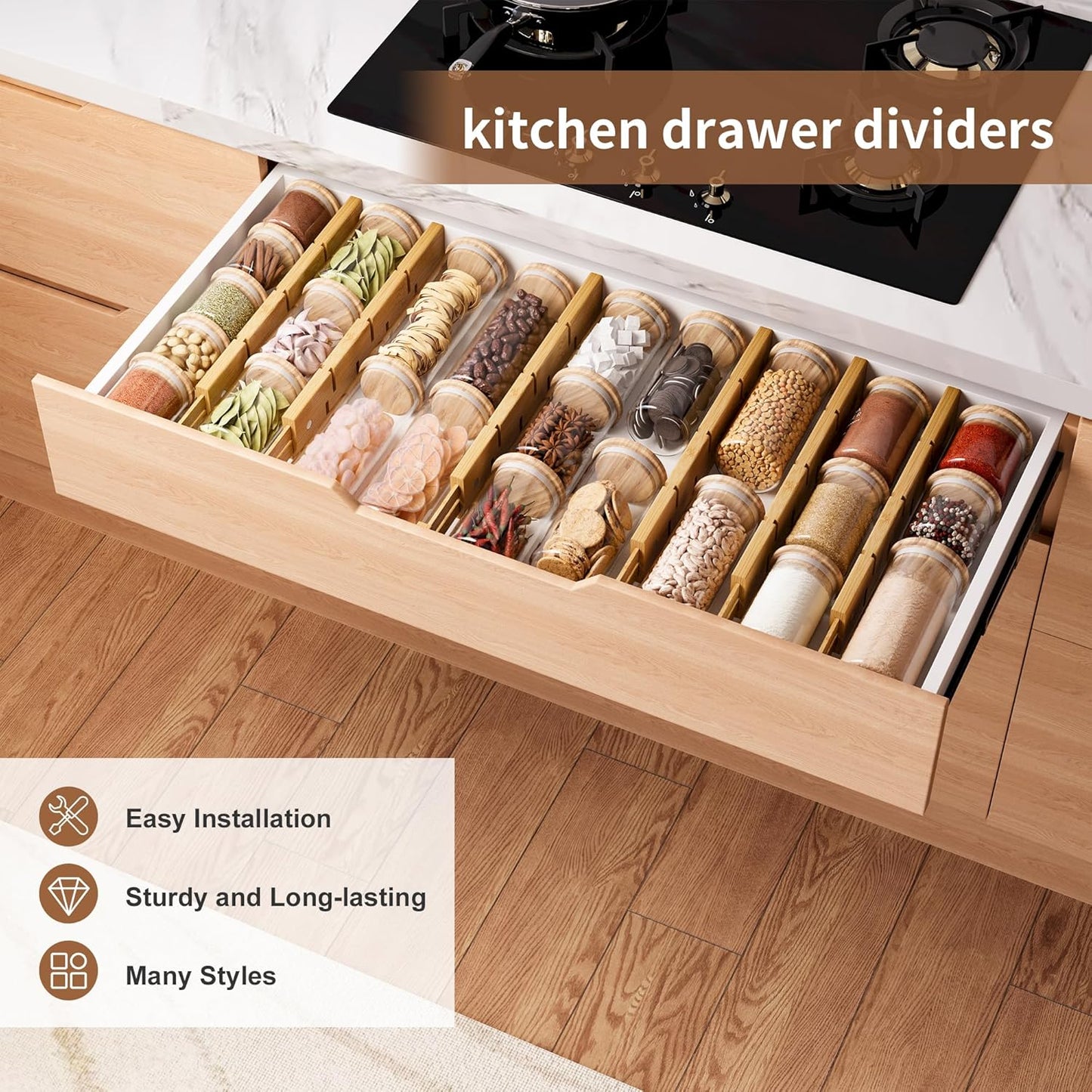 FILWH Bamboo Drawer Dividers with Inserts kitchen drawer organizer Adjustable Expandable 8 Pack Organizer Set for Kitchen Bedroom Bathroom Office 8 Dividers with 16 Inserts (Natural, Small (14-19IN))