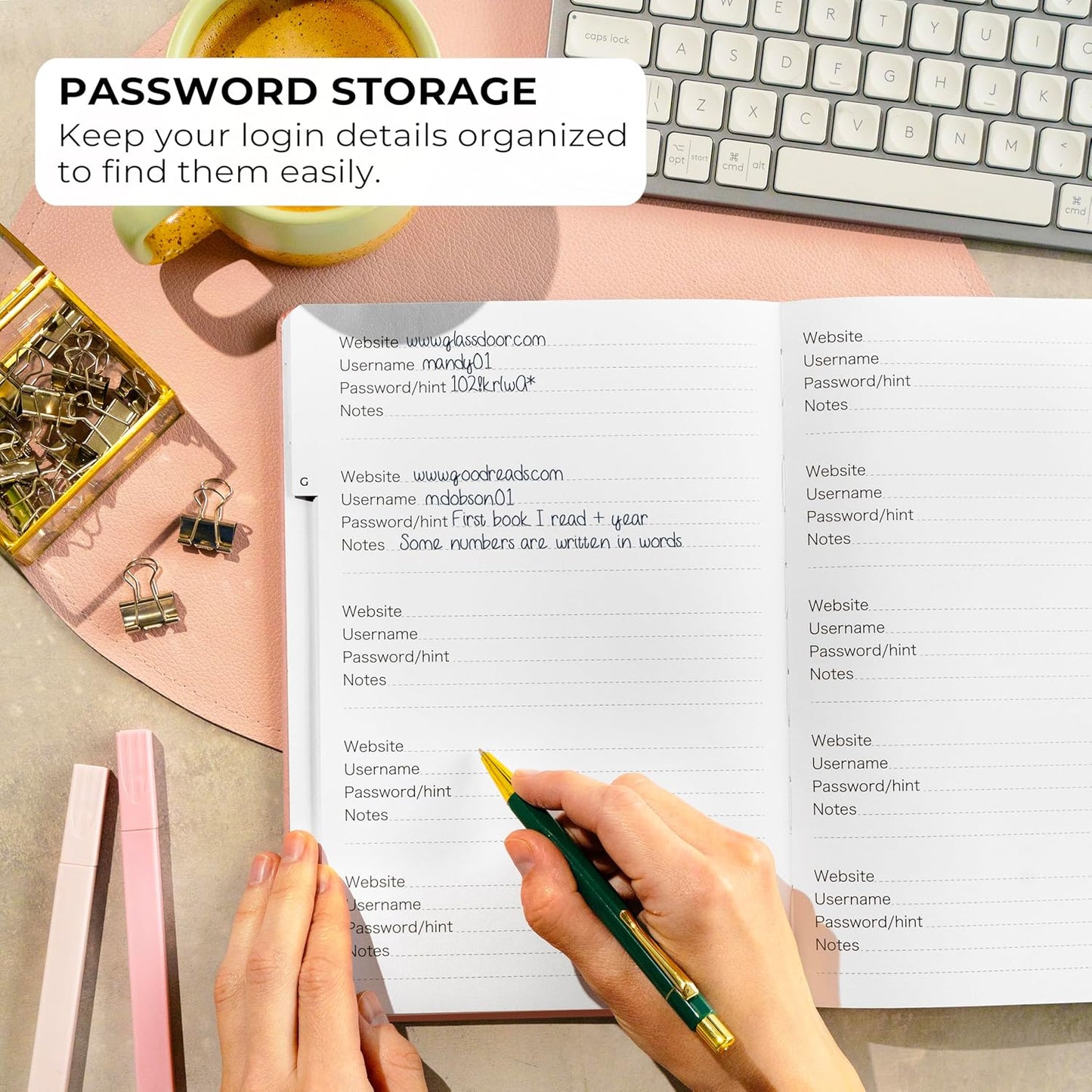 Clever Fox Password Book with alphabetical tabs. Internet Address Organizer Logbook. Large Password Keeper for Website Logins (Peach Pink)