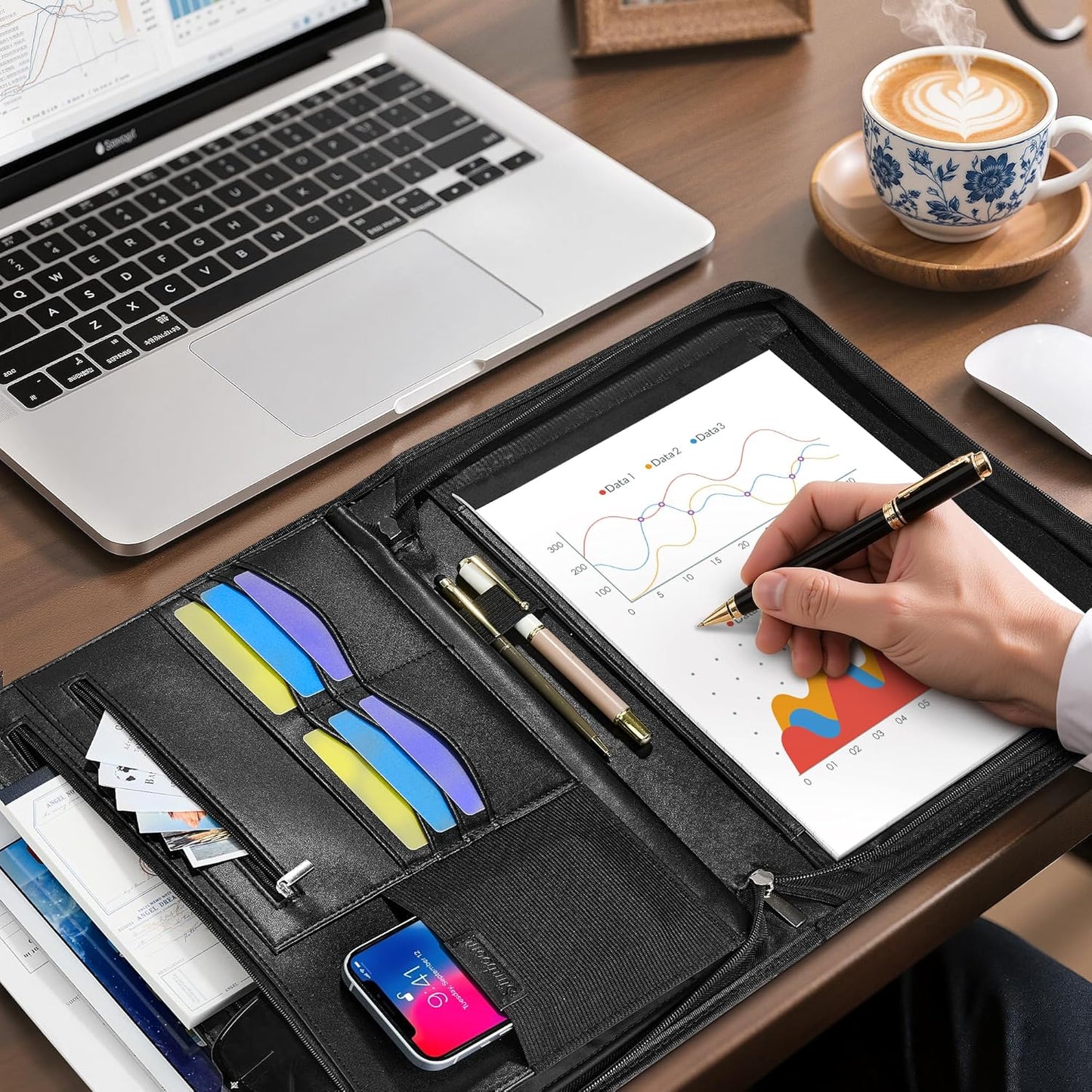 Zippered Leather Padfolio Organizer, Multifunctional Business Portfolio Folder with Zipper, Card Holders Pockets, Notepad Executive File Document Binder for Women Men (Black)