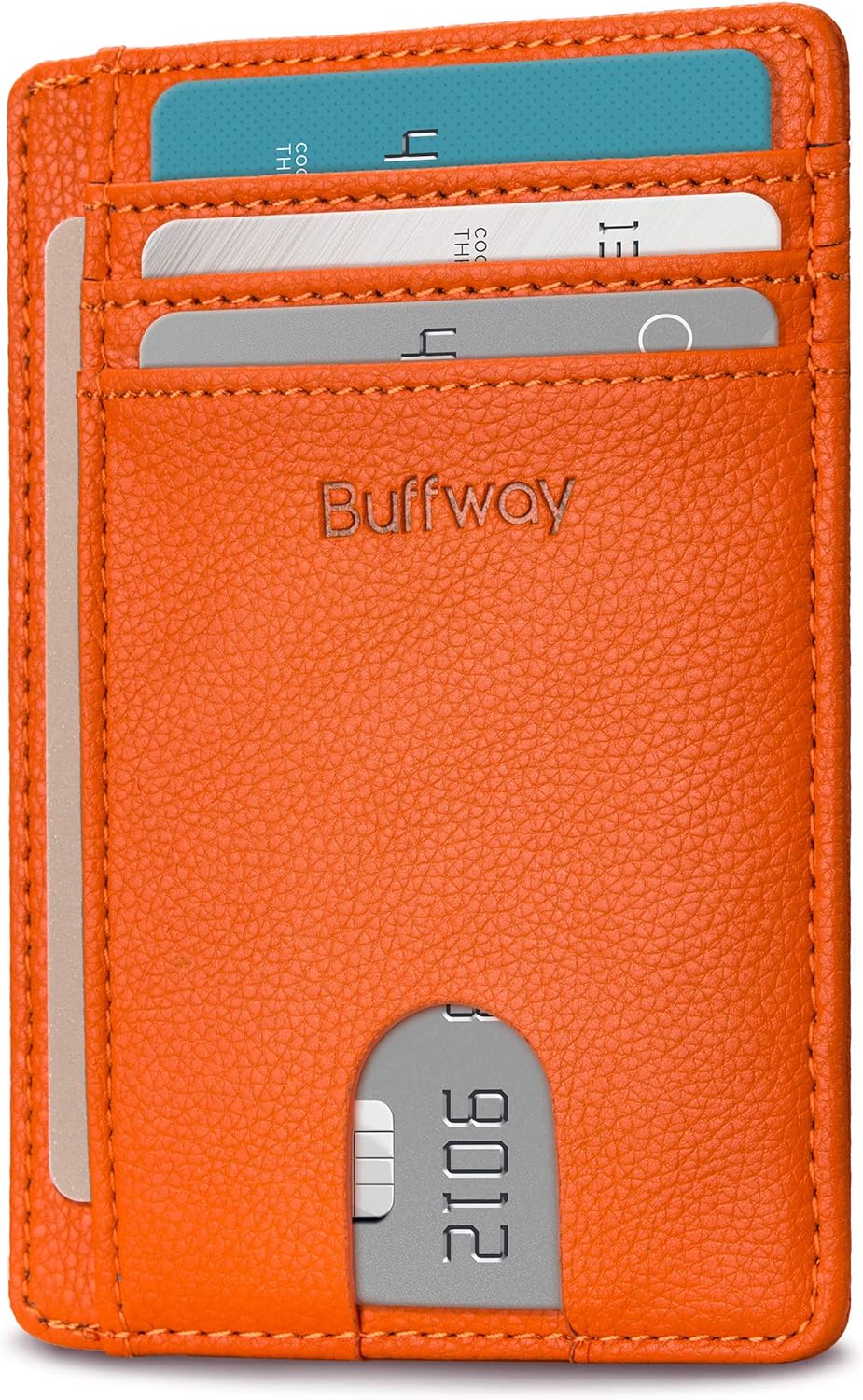 Buffway Slim Minimalist Front Pocket RFID Blocking Leather Wallets for Men and Women - Lichee Orange