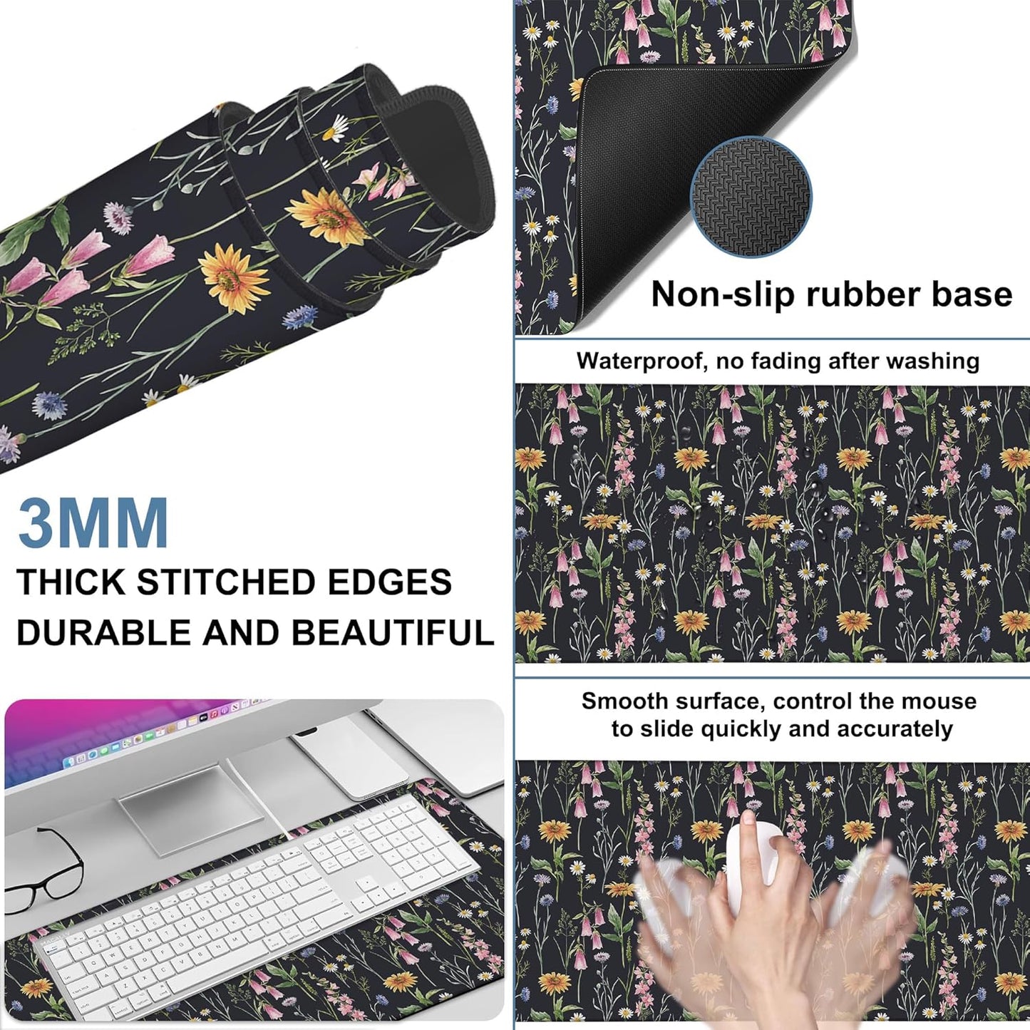 Large Mouse Pad Field Flowers Gaming Desk Pad Computer Keyboard Non-Slip Waterproof Mouse Mat with Rubber Base and Stitched Edges Entertainment Office Writing Desk Mat 35.4 x 15.7 Inches