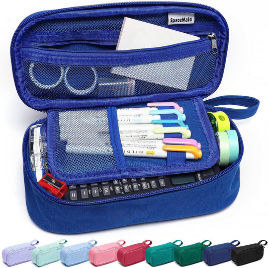 Pencil Case Pouch Box Bag School Supplies Girls Boys Kids, Cute Preppy Stuff Large Big Capacity Aesthetic Pen Organizer, Back to College Stationary, Sapphire Blue, Heavy Duty Canvas, 1800ml