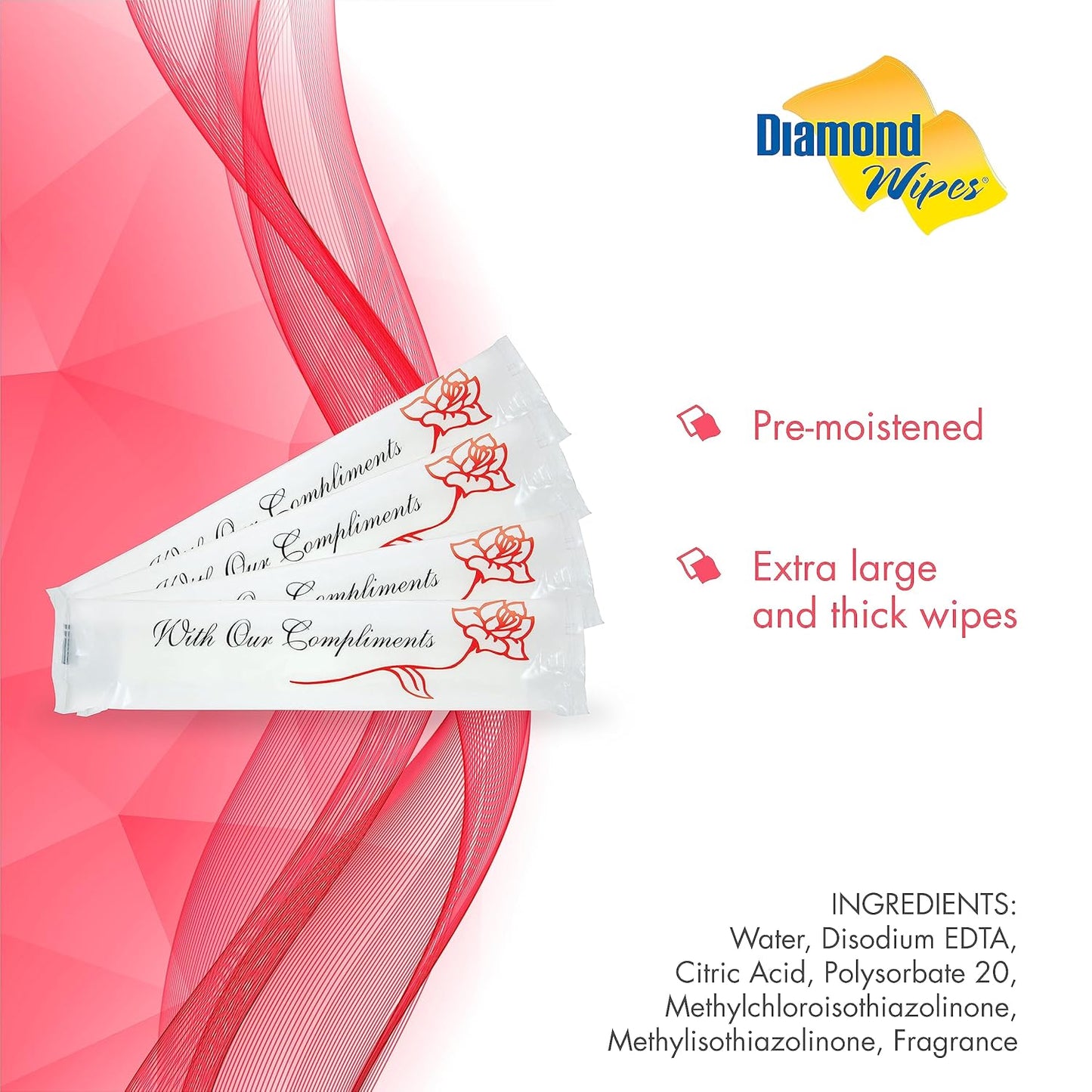 Diamond Wipes Pre-moistened Hand Wipes - “With Our Compliments” Logo 10x8” Extra Thick Lemon-Scented Pack of 1000 Individually Wrapped Wet Wipes