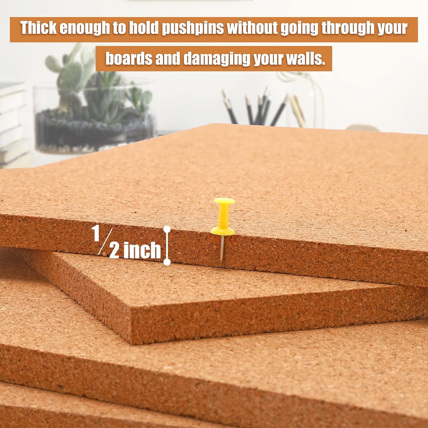 SUNGIFT Cork Boards for Walls - 12" x 12" Corkboard Squares, 1/2" Thick Cork Board Tiles, 6 Pack Wall Bulletin Board with 50 Push Pins for Office, Home Decor
