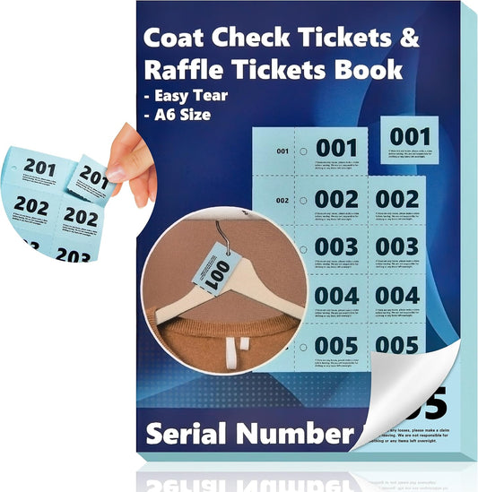 500 Pcs Coat Check Tickets 2 Part Book Bulk 5.8x4.2 Inch A6 Paper Coat Room Tags Raffle Tickets Coat Check Tags 1 to 500 with Hole for Cloakroom Storage or Event Raffle Draws (Blue) (1)