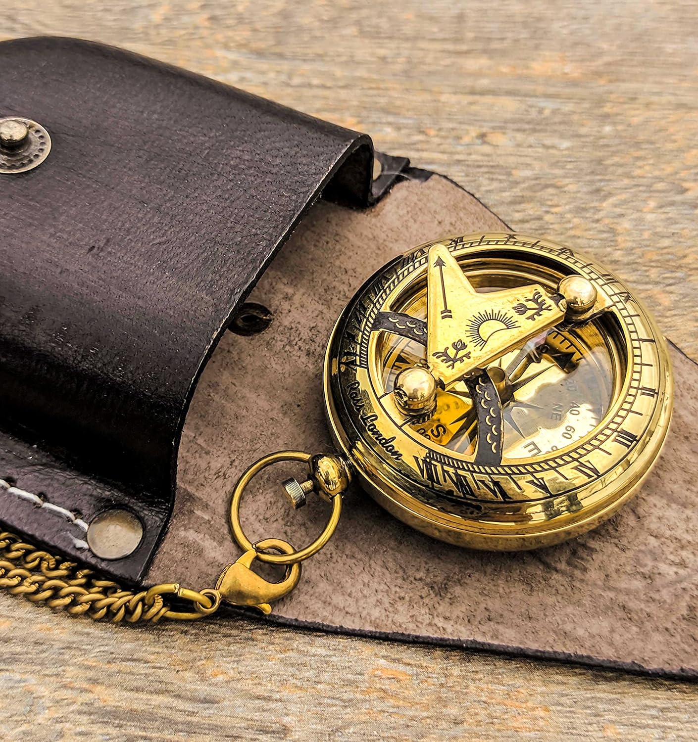 Brass Sundial Compass with Leather Case and Chain - Push Open Compass - Steampunk Accessory - Pocket Sundial Compass - Beautiful Handmade Gift -Sundial Clock, Gold, 2 Inch