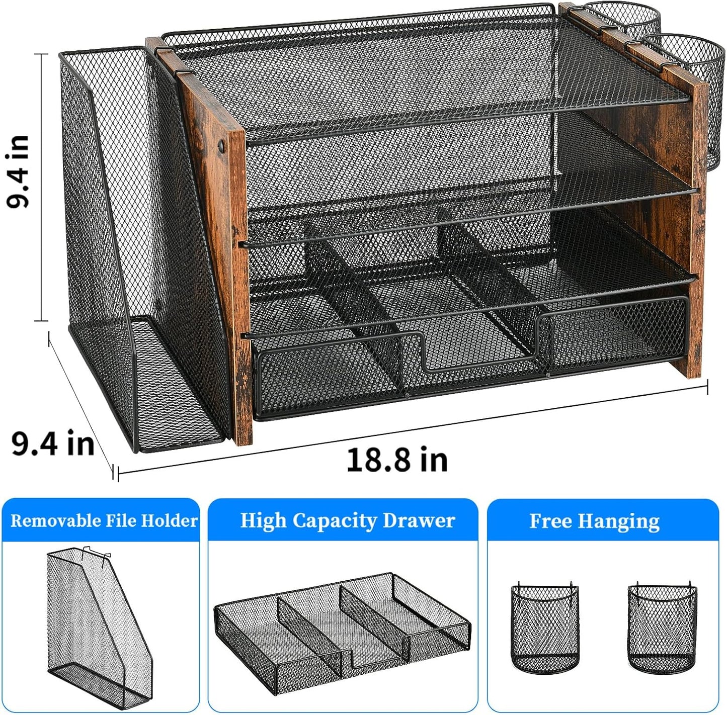 Desk Organizer and Accessories, 4-Tier Desktop File Organizer with Drawer and 2 Pen Holders, Office Desk Accessories for Office Supplies(Wood)