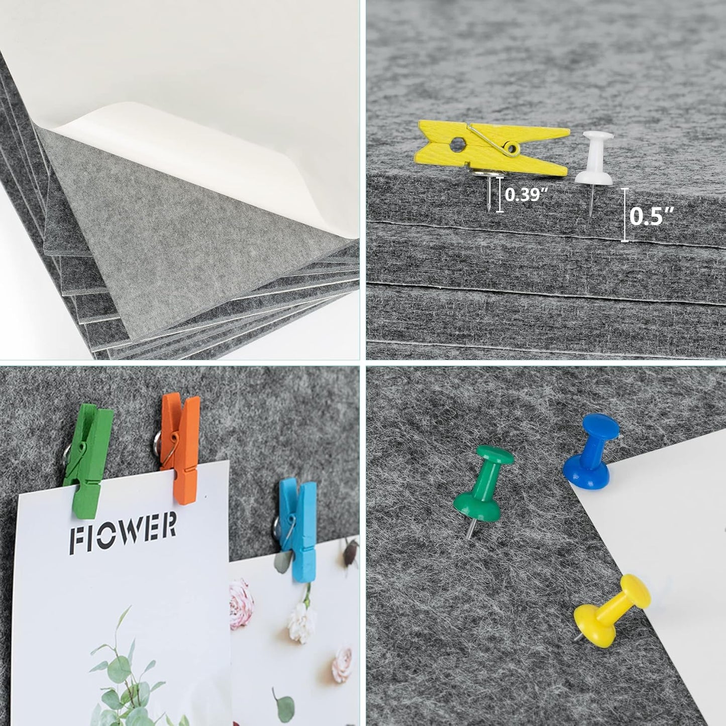 AKTOP Cork Bulletin Board 12x12, 1/2" Thick Felt Cork Board Tiles 12 Pack, Small Square Pin Board for Wall, Self Adhesive Corkboards with 120 Push Pin Wood Clips for School, Home & Office, Grey