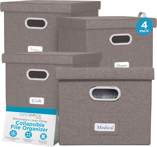 Internet's Best Collapsible File Storage Organizer with Lid - Decorative Linen Filing & Storage Office Box – Hanging Letter/Legal Folder – Home Office Bins Cabinet – Grey Container - 4 Pack