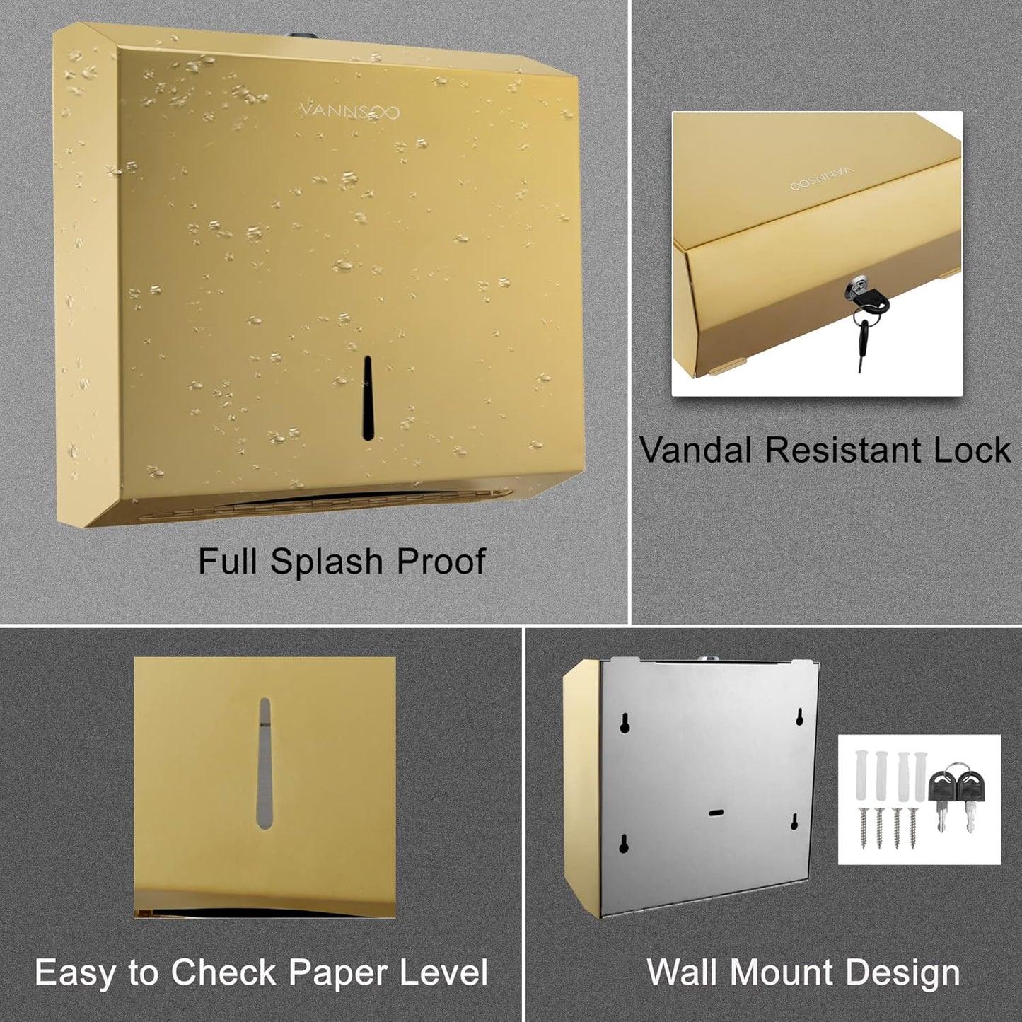 Commercial Paper Towel Dispenser Wall Mount, Tri-fold/Multi-fold/C-Fold Stainless Steel Paper Towel Holder Hand Towel Dispenser with Key (Gold)