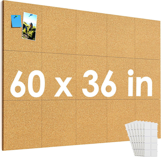 MaxGear Large Cork Board for Wall 60" x 36", 15 Pack Cork Board Tiles with 40 Pushpins & Safe Removable Adhesive Tabs, 12" x 12" Corkboards for Office, School, Home