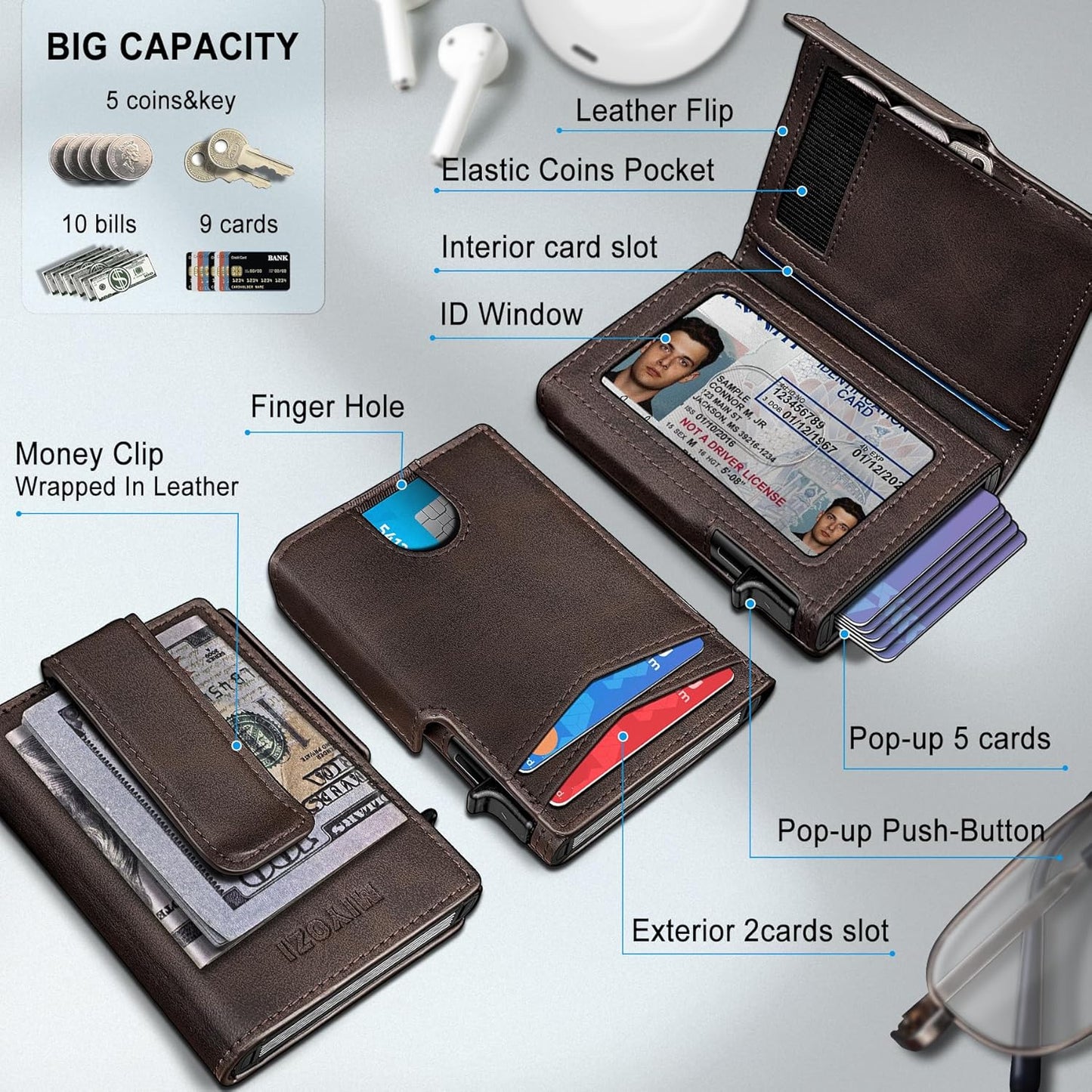 Men Wallet,with Money Clip Coins Pocket ID Window,Slim Front Pocket RFID Blocking Pop-up Card Holder 3.9"x 2.7", Gift Boxed