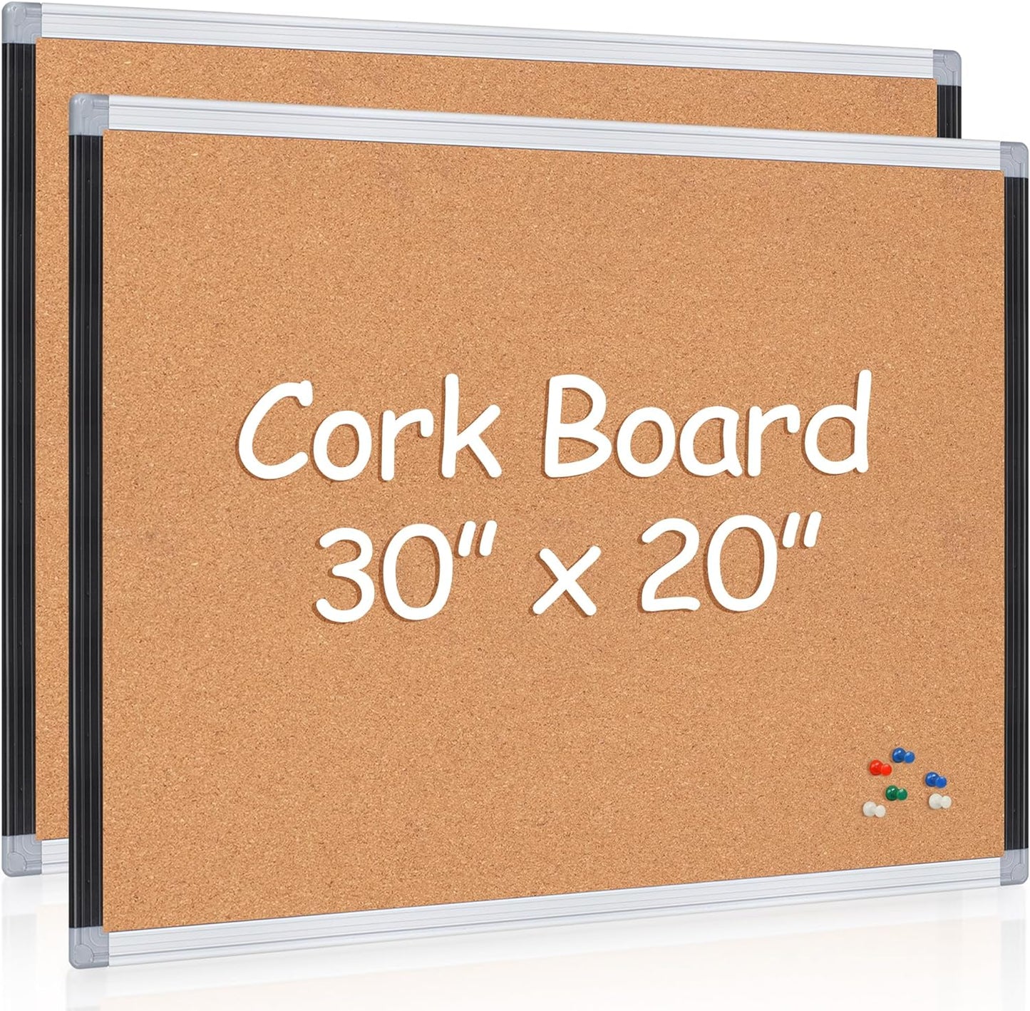 Board2by 2 Pack Cork Bulletin Board 20" x 30", Black/Silver Aluminium Framed Corkboard, Office Board for Wall Decor, Large Wall Mounted Notice Pin Board with 36 Push Pins for School, Home & Office