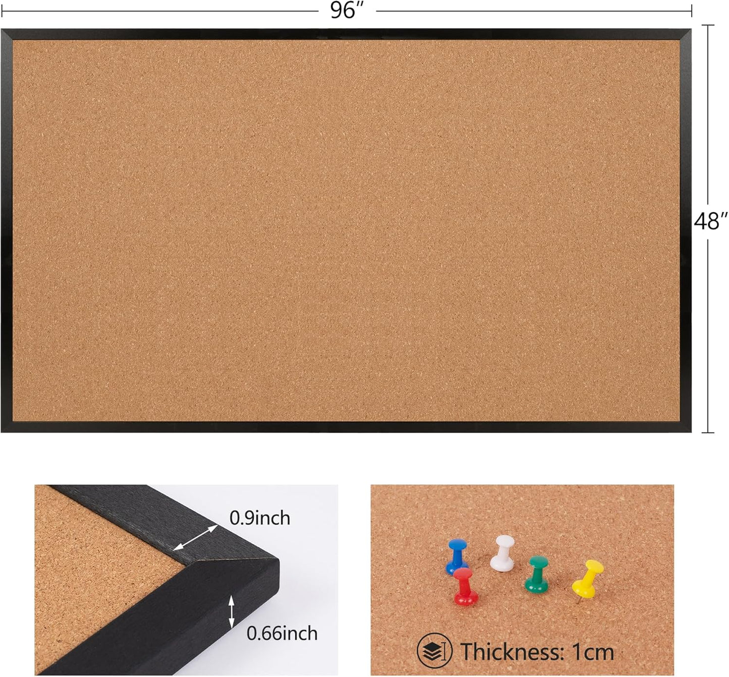 Board2by Extra Large Cork Bulletin Board 96" X 48", Black Wood Framed 8'x4' Corkboard for Wall, Wall Mounted Notice Pin Board with 18 Push Pins for School, Home & Office