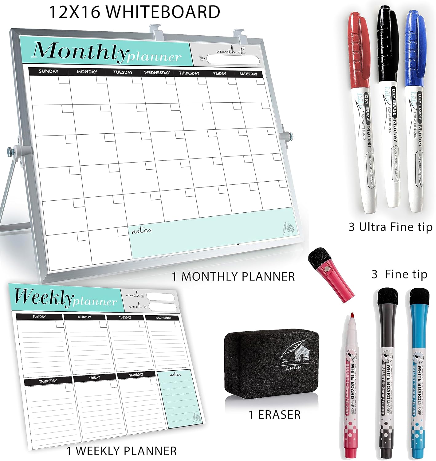 Dry Erase White Board for Desktop & Wall 12"x16" with 2 Magnetic Removable Planners - Weekly & Monthly to Do List Board with Stand, 6 Markers Eraser & Wall Hangers - Portable Double Sided Magnetic