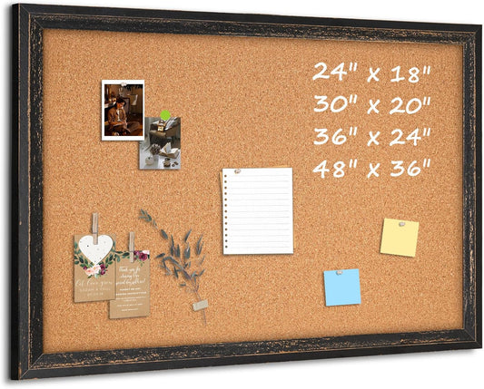 Cork Board Bulletin Board - 24" x 18" - Rustic Black Frame Corkboard for Wall - Decorative Pin Board, Message Board, Vision Board, Picture Board, Photo Board
